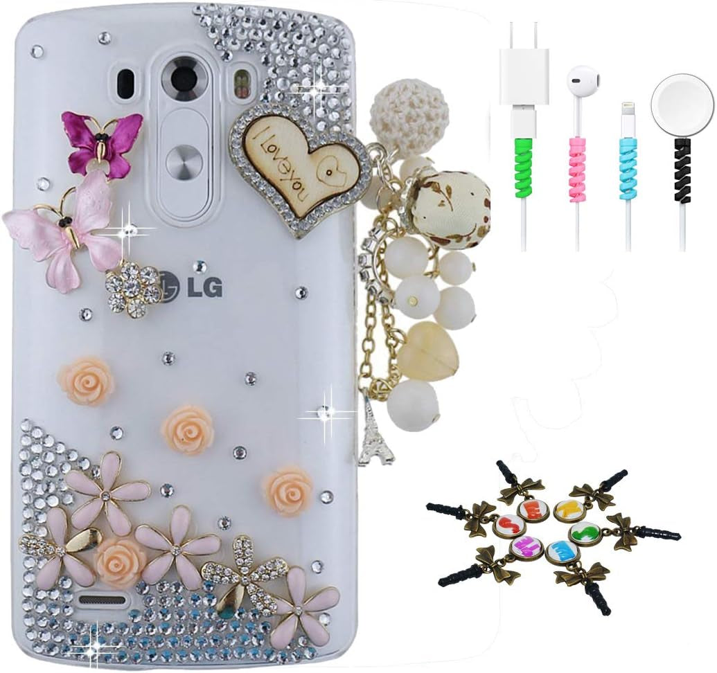 STENES Bling Case Compatible with LG G8 Thinq - Stylish - 3D Handmade Sparkle Series Bowknot Design Cover with Cable Protector [4 Pack] - Pink  STENES Heart Pendant Butterfly Flowers / Colorful Design For Lg G8 Thinq 
