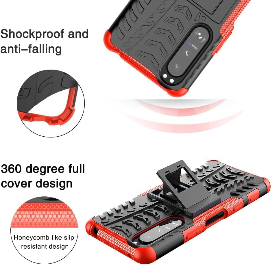 Asuwish Phone Case for Sony Xperia 5 III 3 / Xperia5Iii 5G with Tempered Glass Screen Protector and Slim Stand Hybrid Heavy Duty Rugged Protective Cell Cover Experia 5III 5G XQ-BC72 Women Men Red  Asuwish   