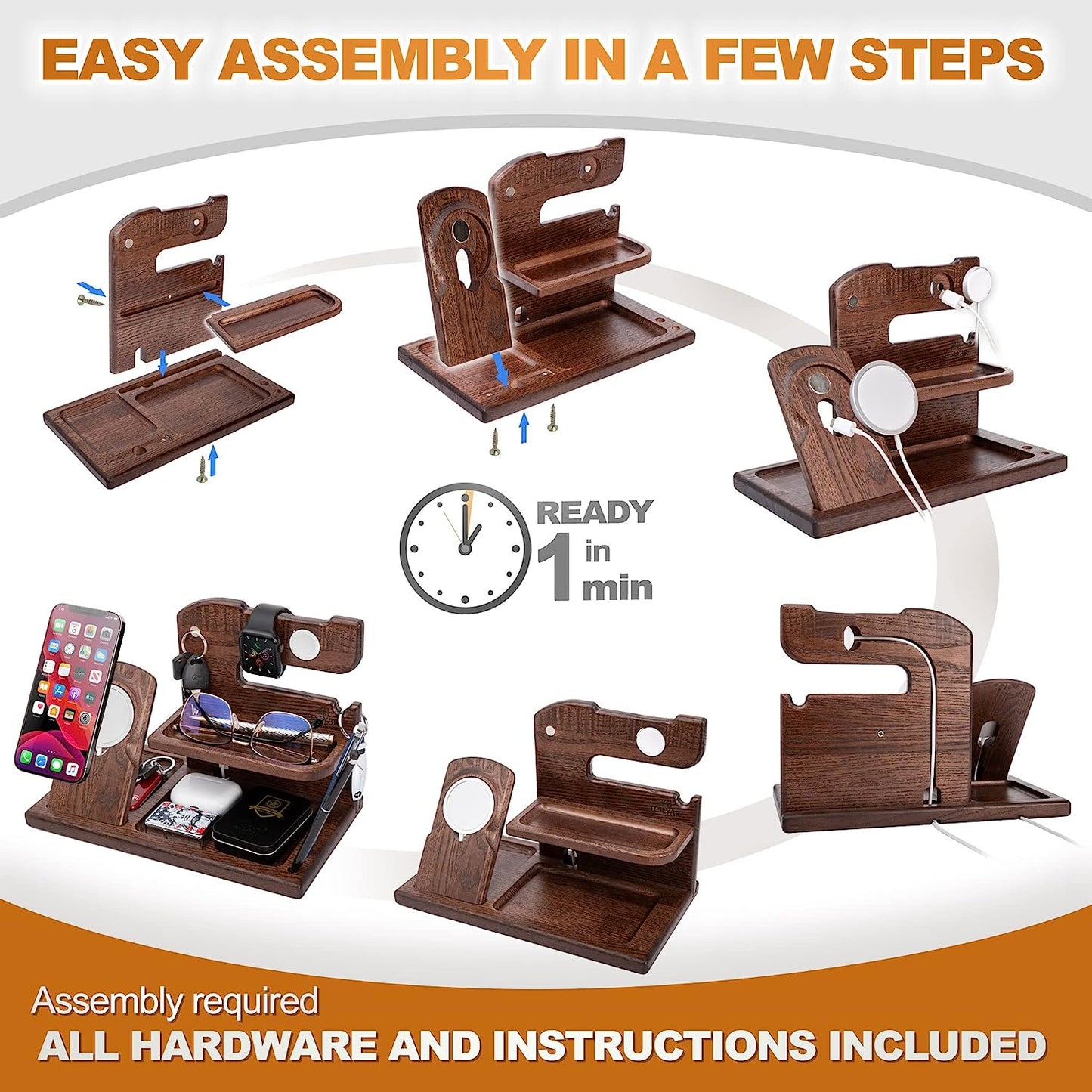 TESLYAR Wood Phone Docking Station Compatible with Magsafe and Iwatch Charger Xmas Gifts for Men or Dad for Husband Birthday Wife Nightstand Organizer Key Holder Wallet Solid Ash Brown  TESLYAR   