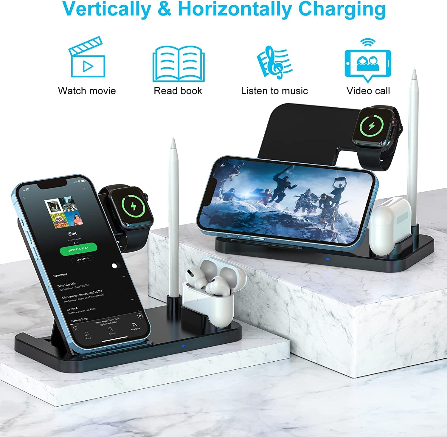 Wireless Charger, CANUVU 4 in 1 Foldable Fast Charging Station Compatible Iwatch & Airpods & Apple Pencil, Iphone 14/13/12/11Series(Pro & Pro Max)/X/Xs/Xs/8, Android Phone(With QC3.0 Adapter)  CANUVU   