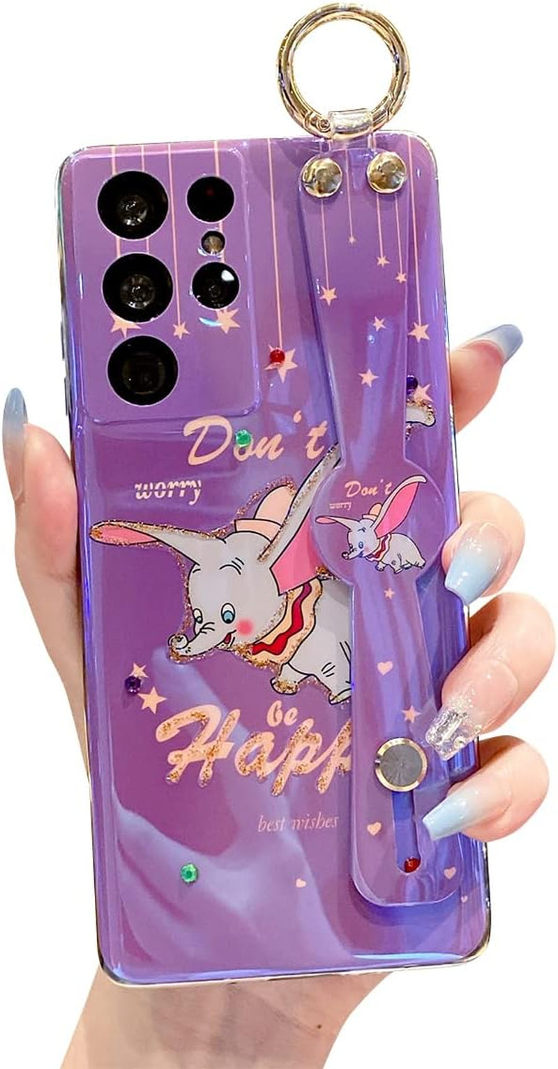 Meishangmei for Samsung Galaxy S21 Ultra Case 6.8" Sparkle Bling with Strap Stand Cute Pattern IMD Design Silicone Shockproof Protective Glitter Cases Cover for Girls and Women - Pink Dumbo  Meishangmei Purple Dumbo  