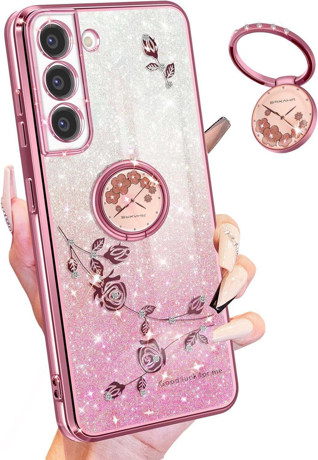 Coralogo (3In1 for Samsung Galaxy S21 Ultra Case Glitter Sparkly for Women Girls Sparkle Girly Bling Shiny Cover Cute Flowers Flora Unique Design with Ring Pretty Cases for Galaxy S21 Ultra 5G 6.8''  Coralogo Pink For Samsung Galaxy S21 Fe 