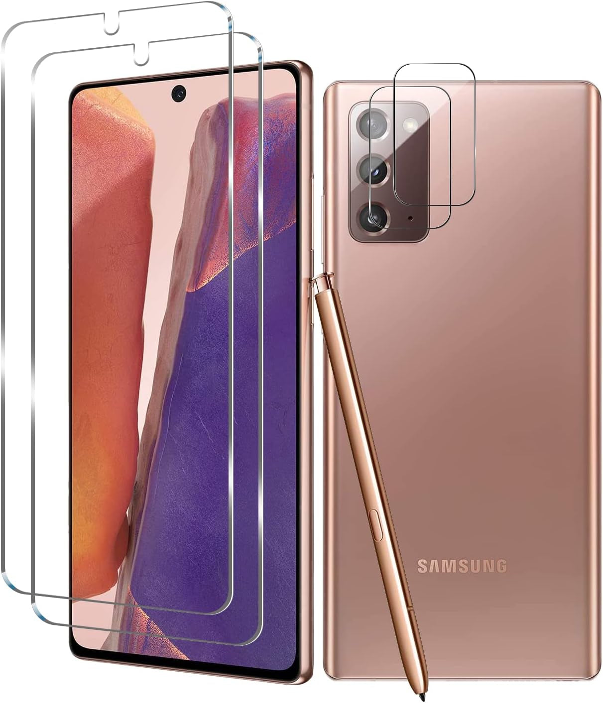 Galaxy Note 20 Tempered Glass Screen Protector + Camera Lens Protector [ 2 + 2 Pack ] [Compatible Fingerprint] [Anti-Scratch] [Case Friendly] Clear HD Protective Film for Samsung Galaxy Note 20  BIGFACE   