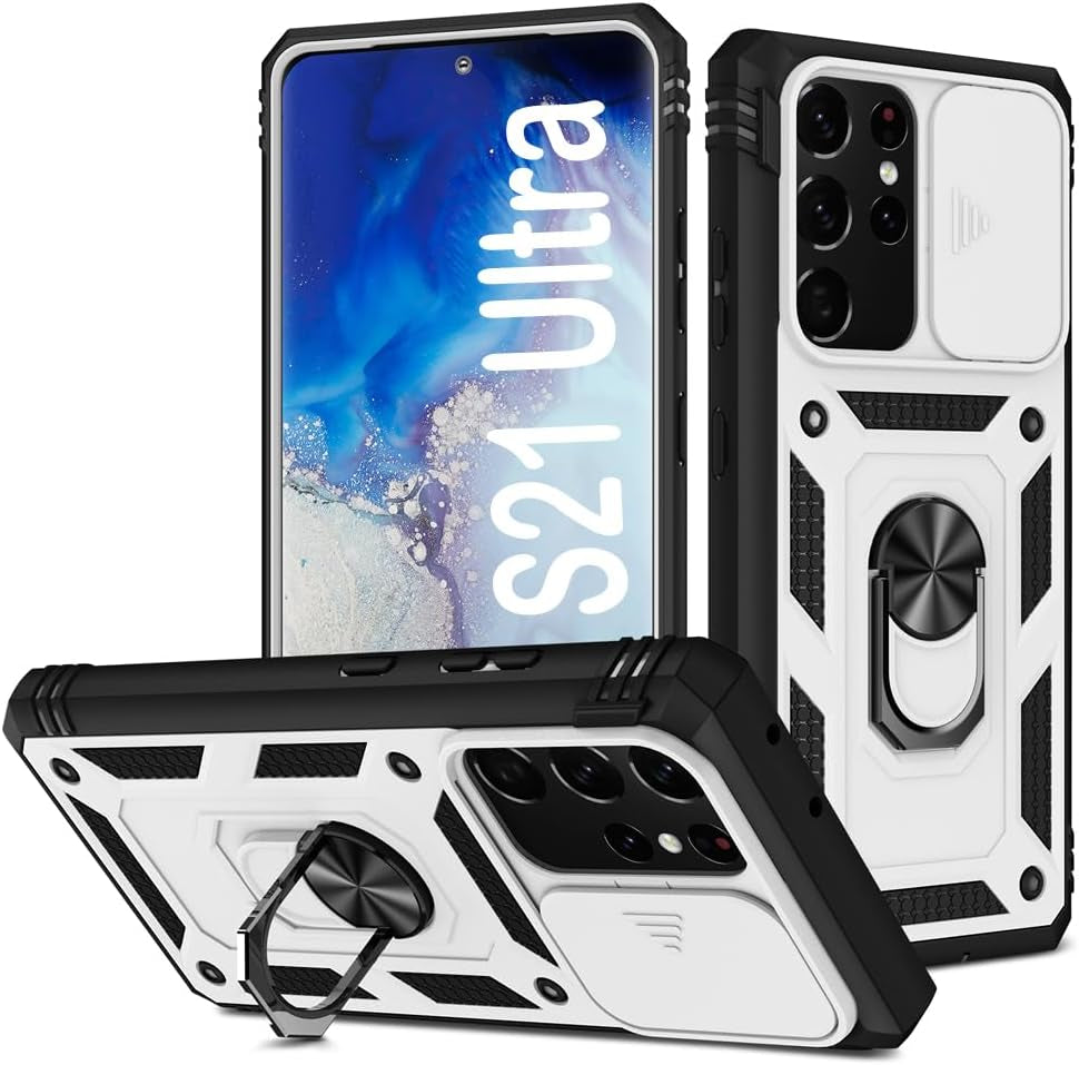 PASNEW for Samsung Galaxy S21 Ultra Case,Finger Ring Kickstand & Camera Cover Slide & Charge Port Dust Plug,Military Heavy Duty Full Body Shockproof Protective Hard Shell S21Ultra,6.8 Inch,Pink  PASNEW White Samsung Galaxy S21 Ultra【6.8"】 