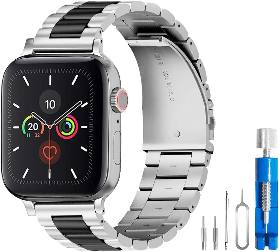 U191U Band Compatible with Apple Watch Stainless Steel Wristband Metal Buckle Clasp Iwatch 38Mm 40Mm 41Mm Strap Bracelet for Apple Watch Series 7/6/5/4/3/2/1 Sports Edition (Silver/Gold, 38/40/41MM)  U191U Silver/Black 38mm/40mm/41mm 
