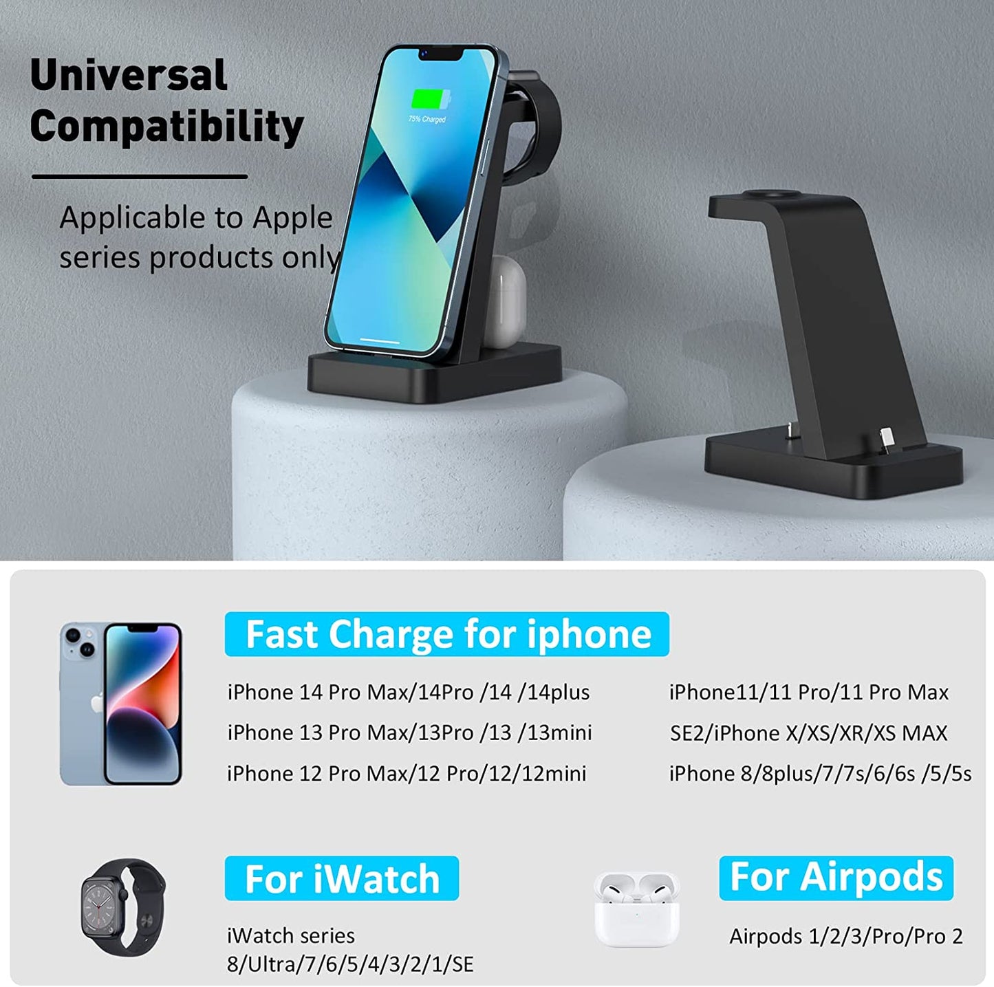 Charger Station for Iphone Multiple Devices - 3 in 1 Fast Wireless Charging Dock Stand for Apple Watch Series 7 6 SE 5 4 3 2 & Airpods Iphone 14 13 12 11 Pro X Max XS XR 8 7 plus 6S 6 with Adapter  Shenzhen GTL Technology Co., Ltd.   