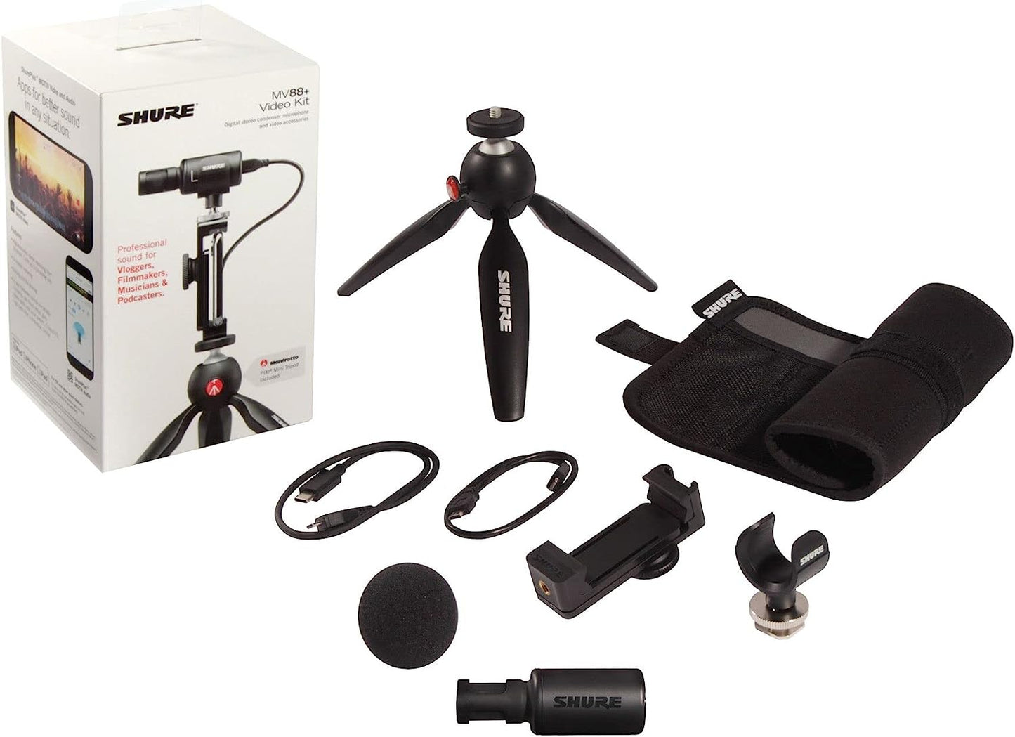 Shure MV88+ Video Kit - Digital Stereo Condenser Microphone for Apple and Android, with Manfrotto PIXI Tripod, Phone Clamp, Mount, Ios and USB-C Cables for Next-Level Connectivity (MV88+ Video KIT)  Shure   