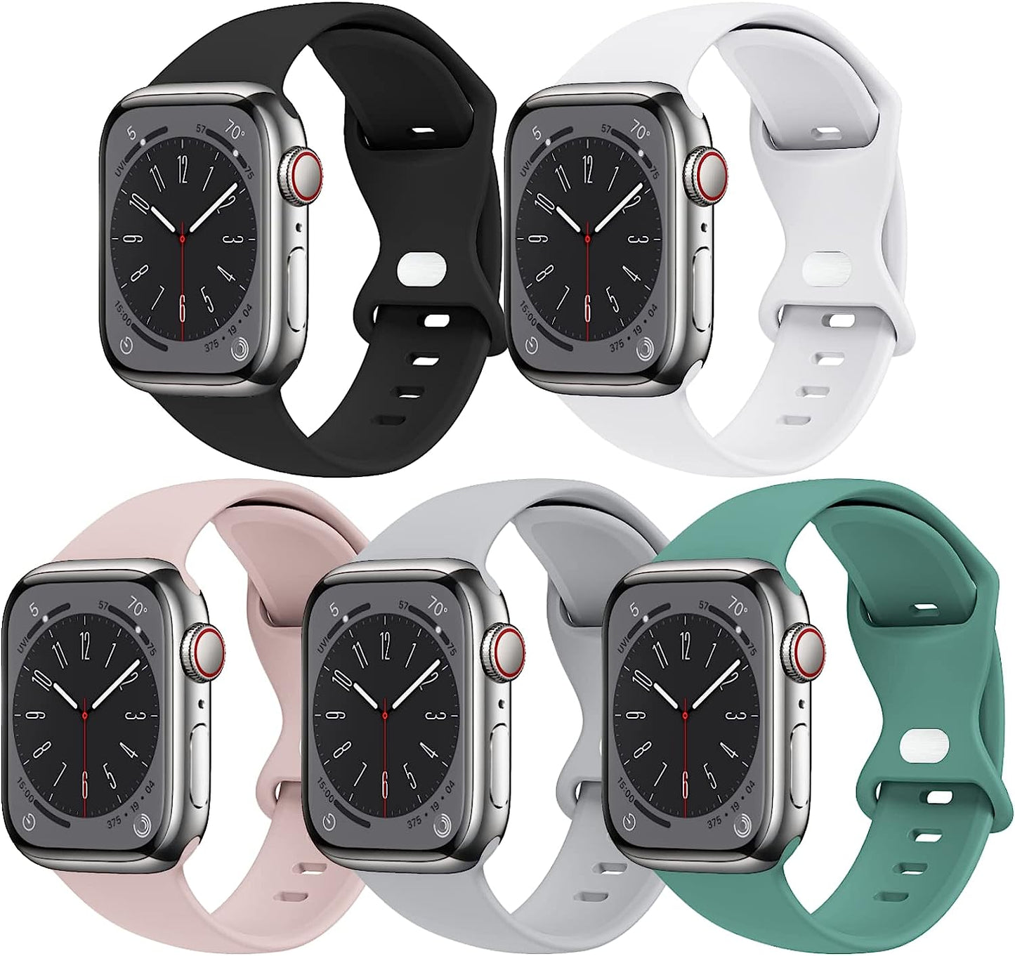 [5 PACK] STG Sport Watch Band Compatible with Apple Watch Band 38Mm 40Mm 41Mm 42Mm 44Mm 45Mm 49Mm Soft Silicone Replacement Sport Strap Compatible for Iwatch Ultra SE Series 8/7/6/5/4/3/2/1 (38Mm/40Mm/41Mm S/M, 5 PACK  STG 5 Pack I - Black/White/Pink Sand/Gray/Cactus 42mm/44mm/45mm/49mm M/L 
