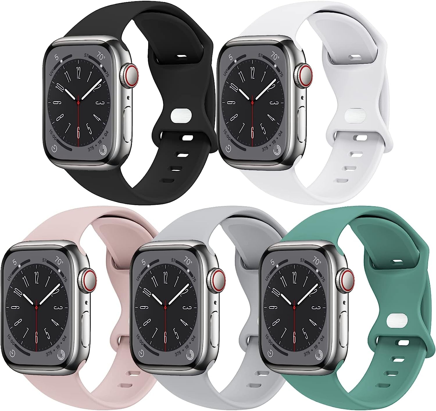 [5 PACK] STG Sport Watch Band Compatible with Apple Watch Band 38Mm 40Mm 41Mm 42Mm 44Mm 45Mm 49Mm Soft Silicone Replacement Sport Strap Compatible for Iwatch Ultra SE Series 8/7/6/5/4/3/2/1 (38Mm/40Mm/41Mm S/M, 5 PACK  STG 5 Pack I - Black/White/Pink Sand/Gray/Cactus 42mm/44mm/45mm/49mm M/L 