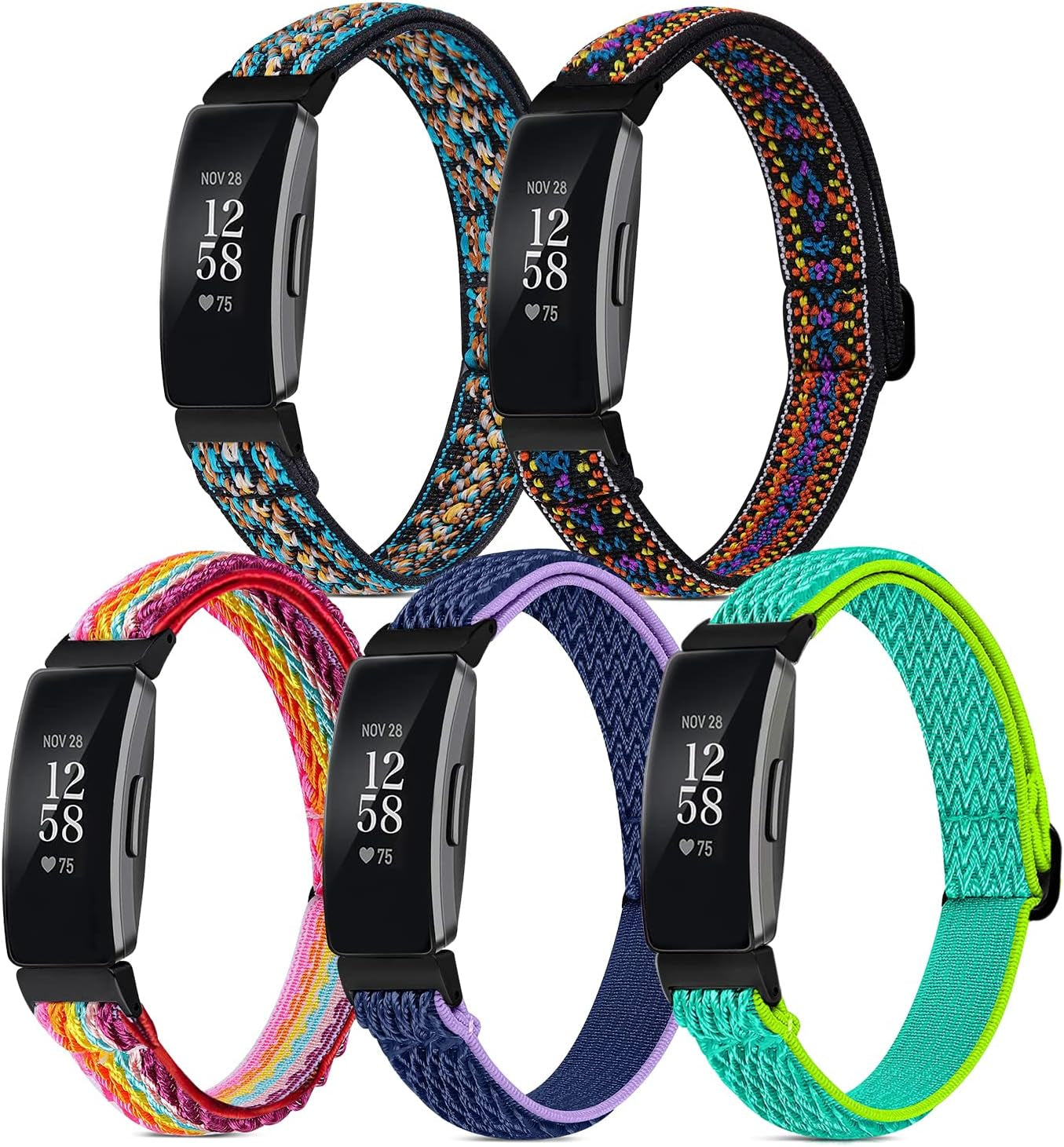 5 Pack Elastic Bands Compatible with Fitbit Inspire 2 / Inspire HR / Inspire / Ace 3 / Ace 2, Soft Loop Nylon Fabric Breathable Stretchy Replacement Straps Accessory Wristband for Women Men  POHNUI   