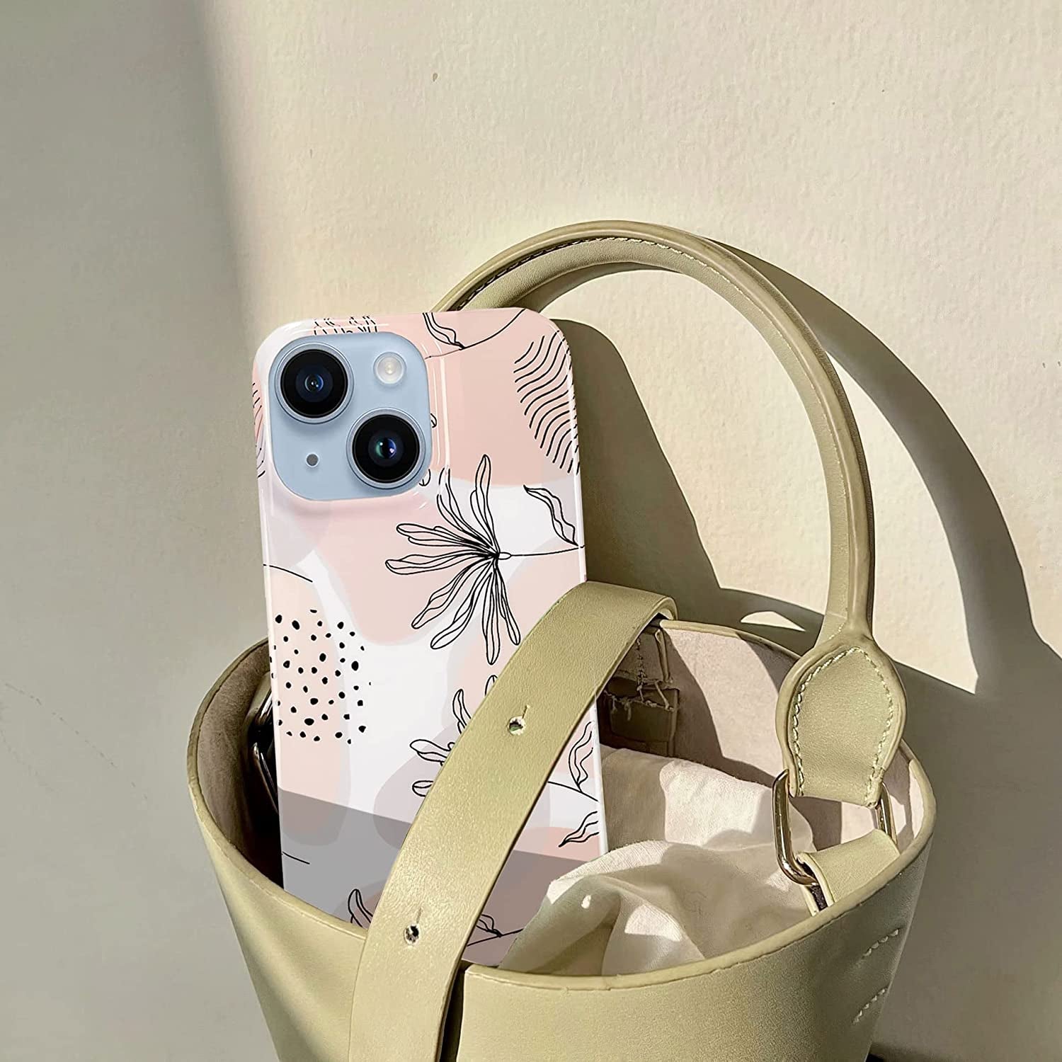 J.West Design for Iphone 14 Case 6.1,Aesthetic Minimalist Boho Modern Abstract Prints Slim Geometric Line Plant Floral Pattern Pink Soft TPU Shockproof Cover Protective Phone Case for Women Leaves  J.west   