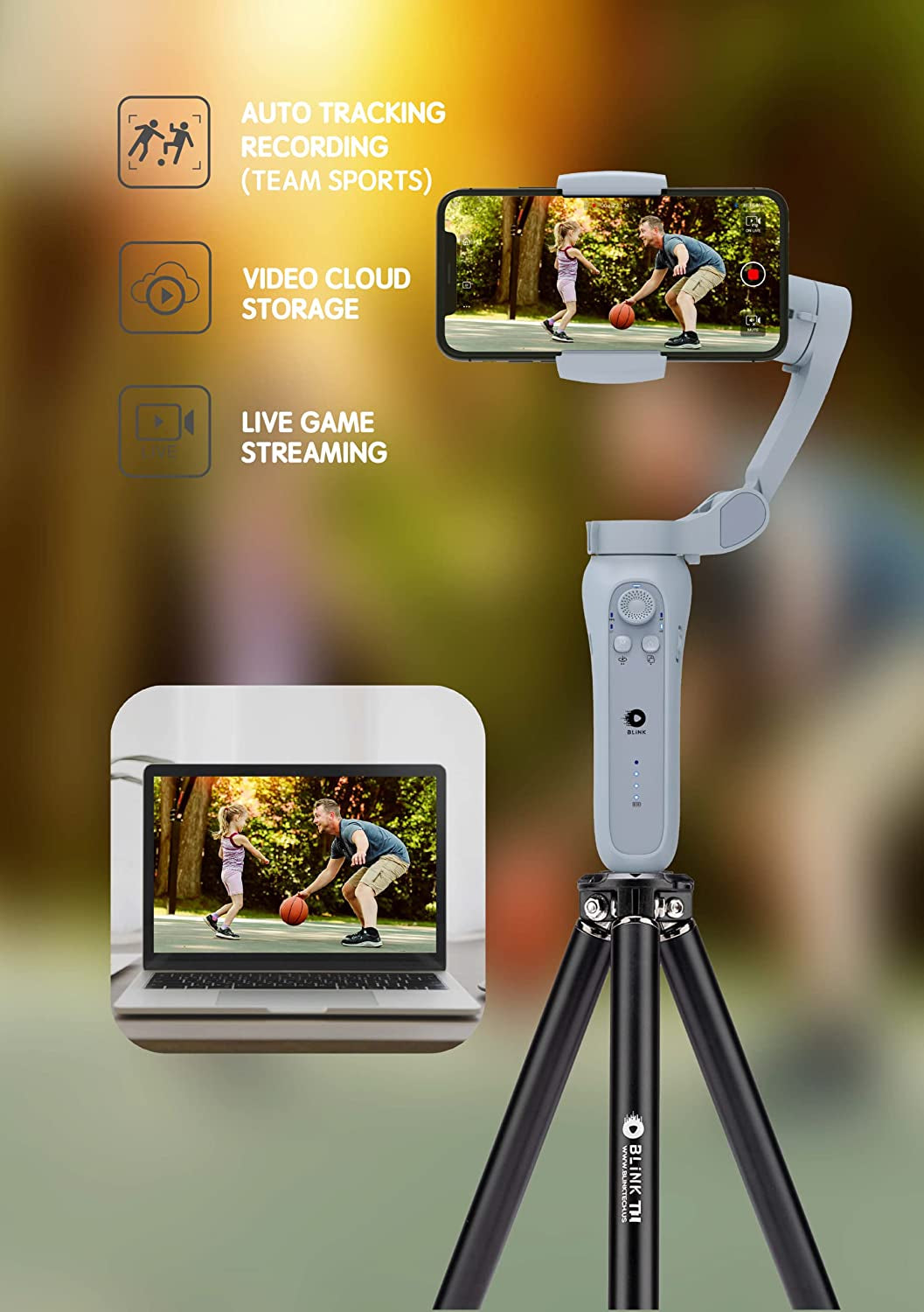 Xbot Blink Focos Sports Gimbal, Record Basketball&Soccer Games, AI Automatic Shooting, Unmanned Operation, 3-Axis Phone Gimbal, Portable & Foldable, Live Stream, Support Ios Android  Blink Tech   