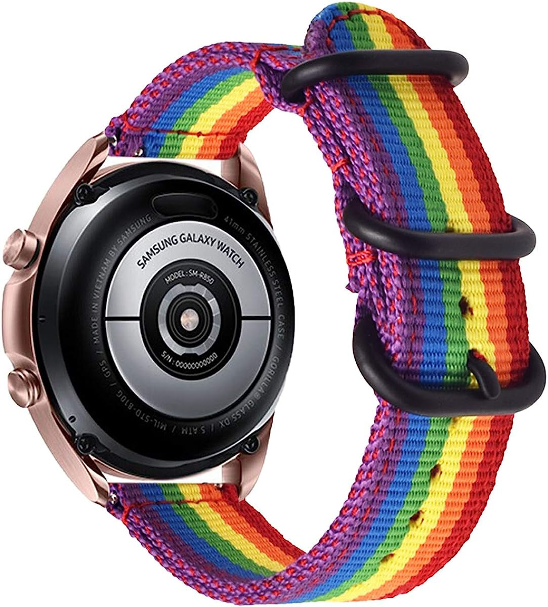 20Mm Watch Band Rainbow Pride for Samsung Watch 4 44Mm/40Mm/ Watch4 Classic 46Mm/42Mm,3 41Mm/42Mm/46Mm Galaxy Active 2 40Mm 44Mm/Gear Sport/S4/S2,Women LGBTQ Nylon Bands Replacement Quick Release for Garmin Accessories  NYKKOLA   