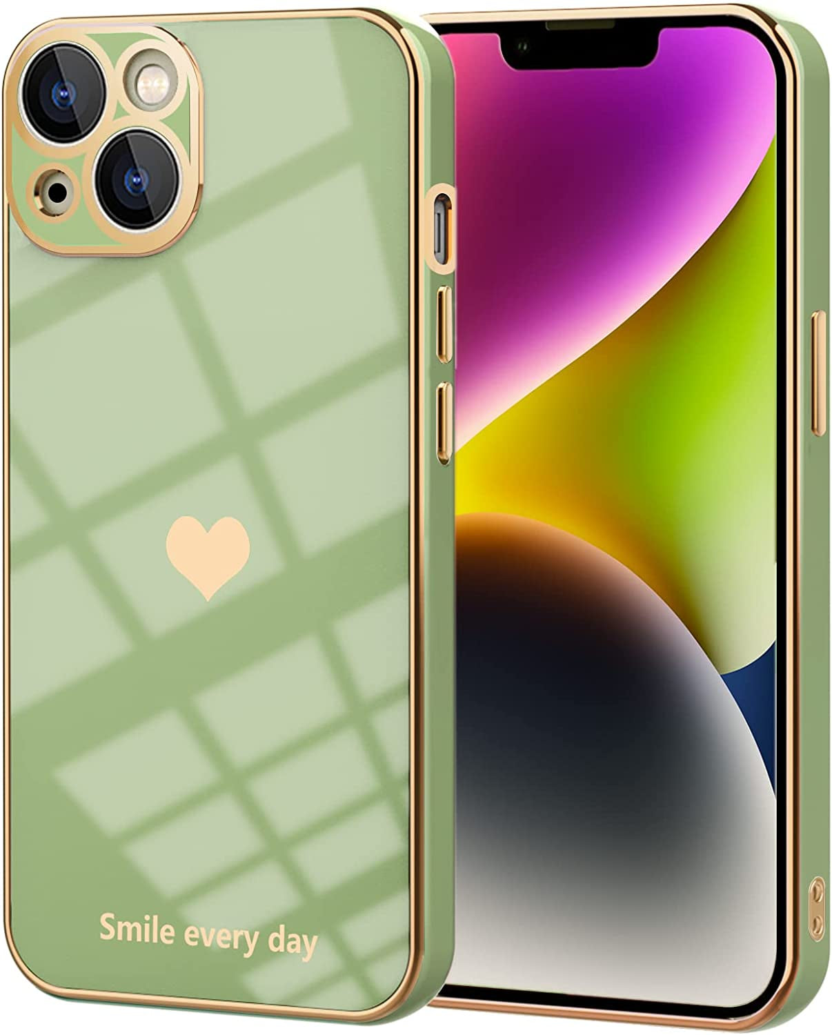 Tksafy for Iphone 14 Case, Cute Love Heart Pattern for Women Girls with Camera Protection, Anti-Scratch Plating Soft TPU Shockproof Bumper Phone Cover for Apple Iphone 14 6.1-Inch 2022, Light Green  Tksafy Light Green  