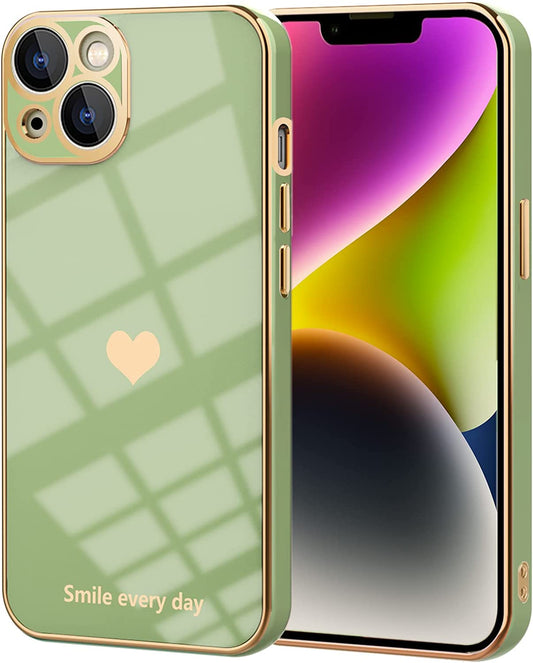 Tksafy for Iphone 14 Case, Cute Love Heart Pattern for Women Girls with Camera Protection, Anti-Scratch Plating Soft TPU Shockproof Bumper Phone Cover for Apple Iphone 14 6.1-Inch 2022, Light Green  Tksafy Light Green  