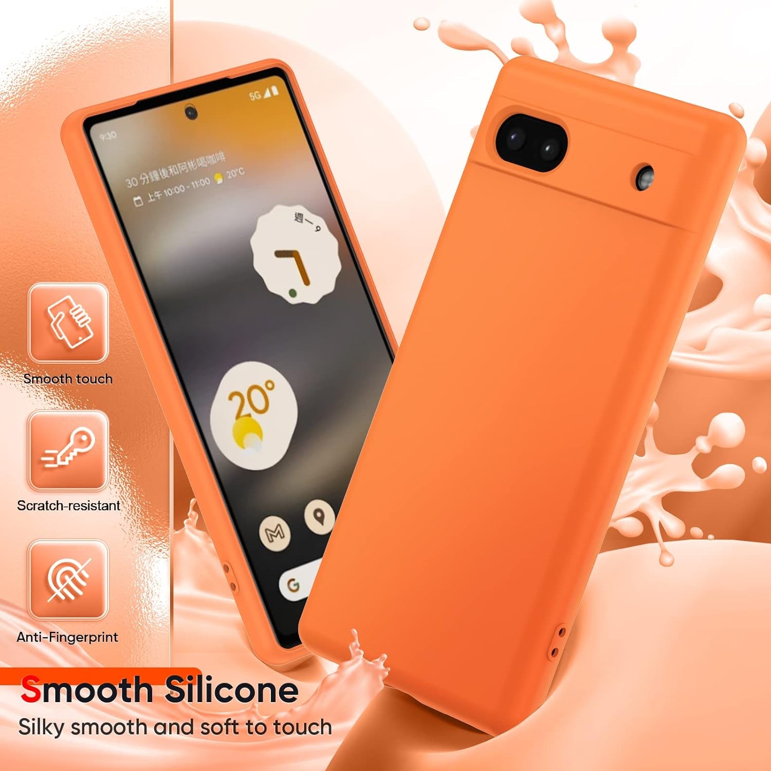 Leyi for Liquid Silicone Google Pixel 6A 5G Case: with 2-Pack Tempered Glass Screen Protectors, Soft Microfiber Liner, Orange  LeYi   