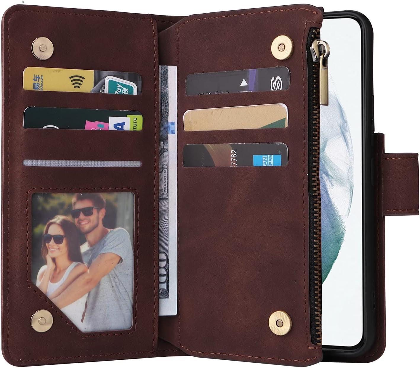 ZZXX Samsung Galaxy S22 Case Wallet with Card Slot Premium Soft PU Leather Zipper Flip Folio Wallet with Wrist Strap Kickstand Protective for Galaxy S22 Wallet Case(Coffee-6.1 Inch)  ZZXX   