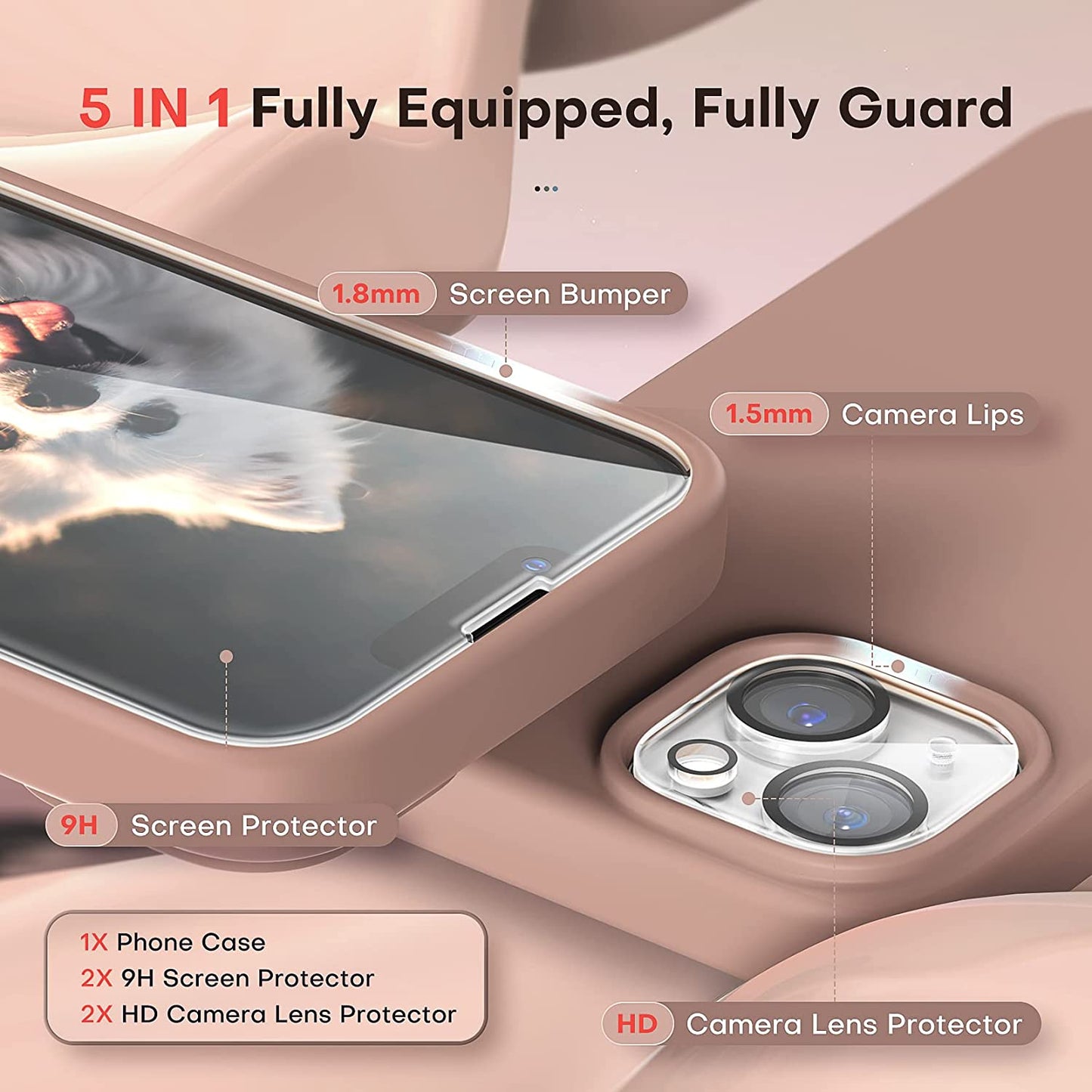 TOCOL [5 in 1 Designed for Iphone 14 Case, with 2 Pack Screen Protector + 2 Pack Camera Lens Protector, Liquid Silicone Phone Case 6.1 Inch, [Anti-Scratch] [Drop Protection], Brown  TOCOL   