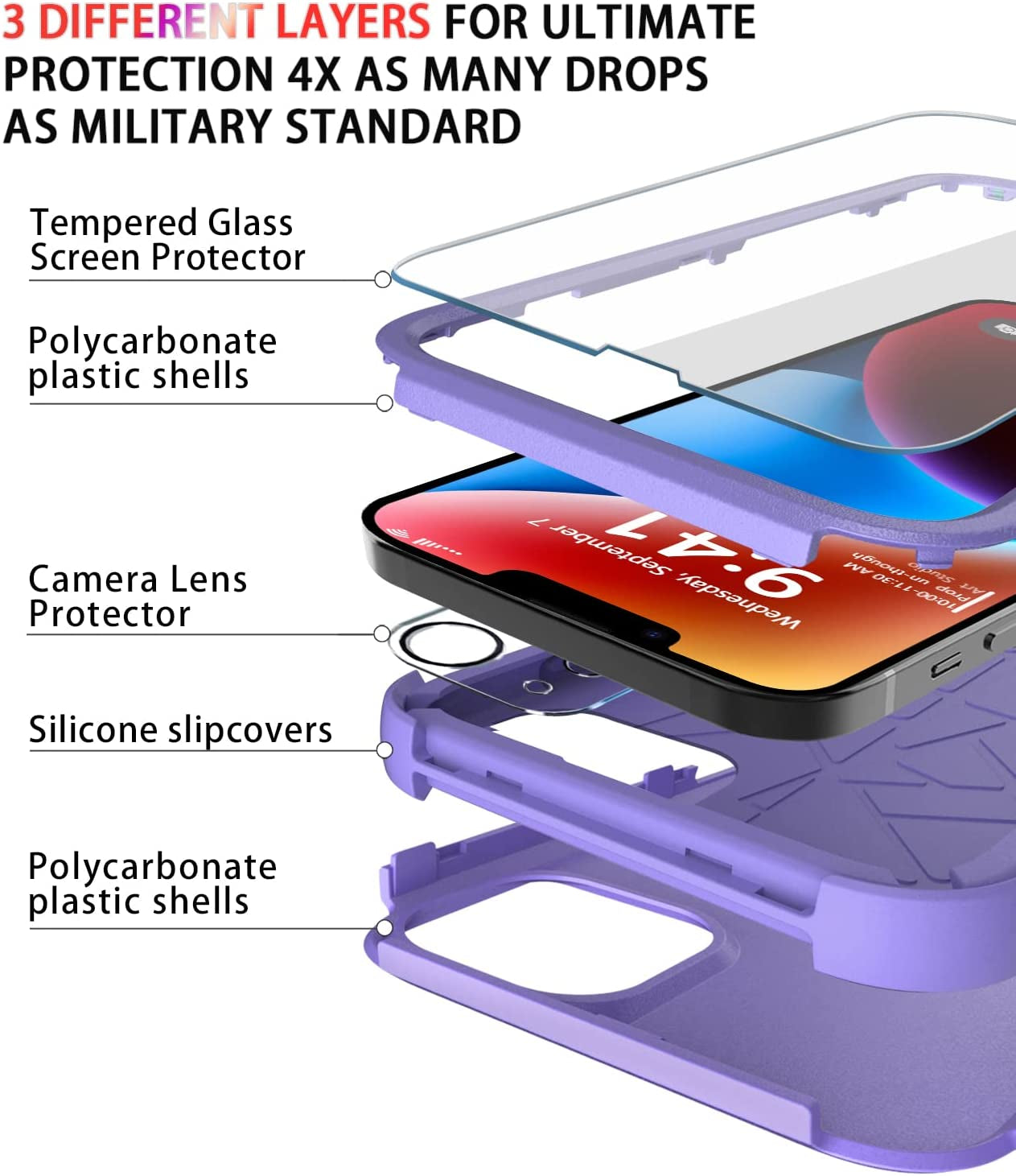 Diverbox for Iphone 14 Case [Shockproof] [Dropproof] [Tempered Glass Screen + Camera Lens Protector],Heavy Duty Protection Phone Case Cover for Apple Iphone 14 (Purple)  Diverbox   