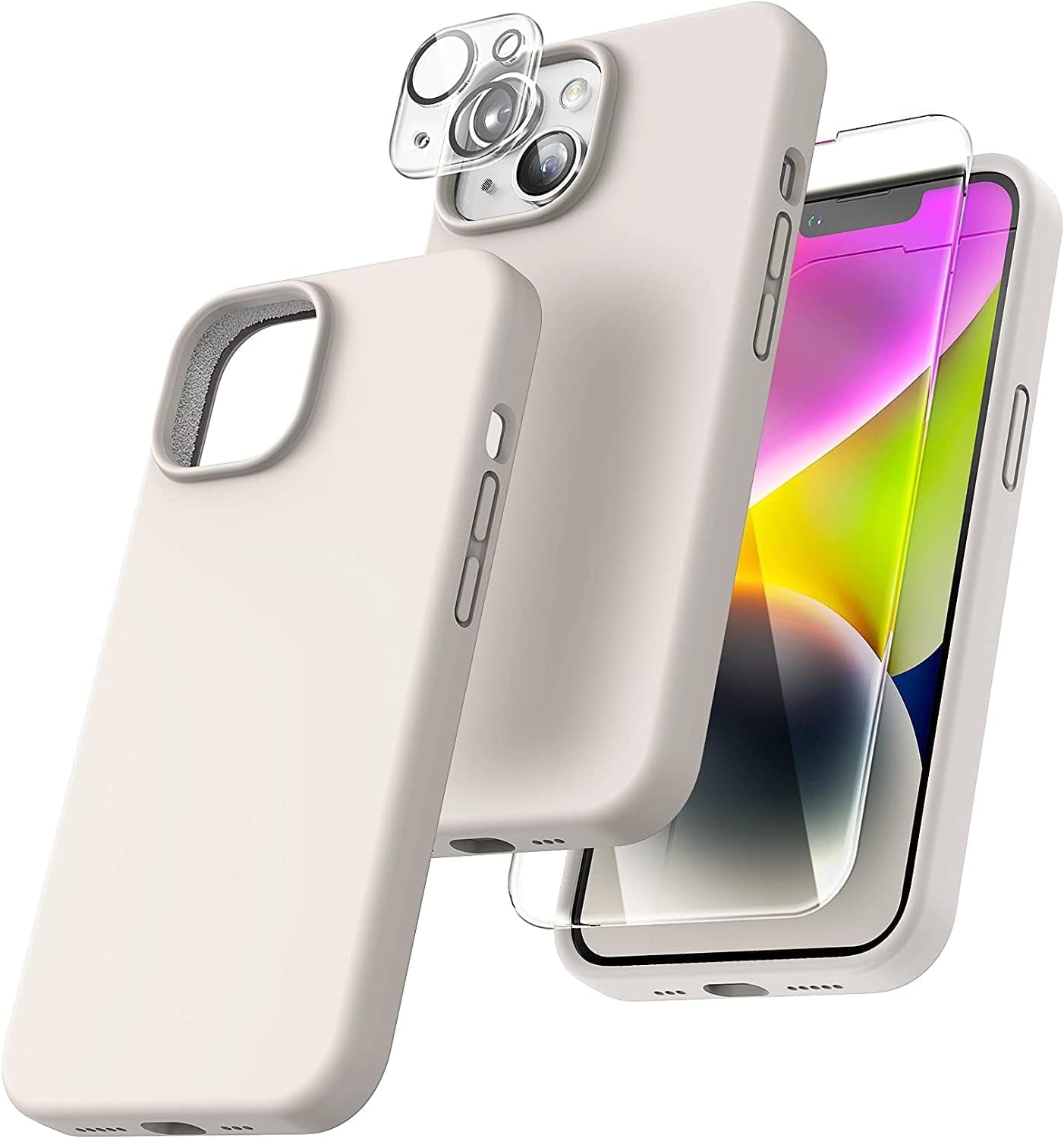 TOCOL 5 in 1 for Iphone 14 plus Case, 2X Screen Protector + 2X Camera Lens Protector, Slim Liquid Silicone Phone Case for Iphone 14 plus 6.7 Inch, [Anti-Scratch] [Drop Protection], Canary Yellow  TOCOL Stone  