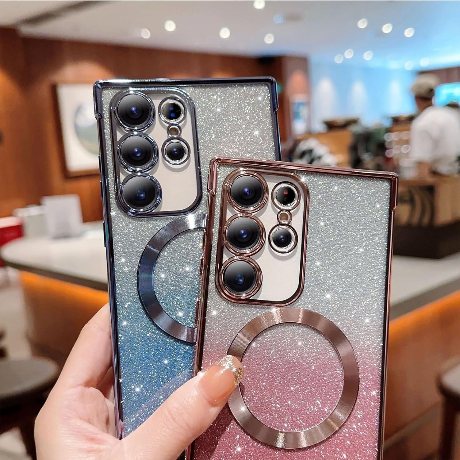 Aowner for Samsung Galaxy S21 Ultra Magnetic Case Compatible with Magsafe, Full Protection Square Glitter Clear Phone Case for Women Girls Cute Soft Shockproof Bumper Protective Cover Case 6.8"-Gold  aowner   