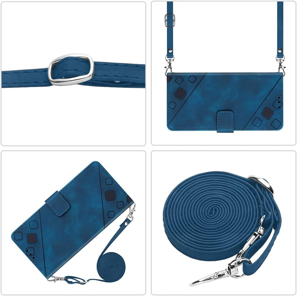 NVWA Compatible with Sony Xperia 1 V Case Wallet with Credit Card Slots Kickstand Wrist Strap and Long Lanyard Blue Leather Crossbody Protective Cover with Embossed Design  NVWA   