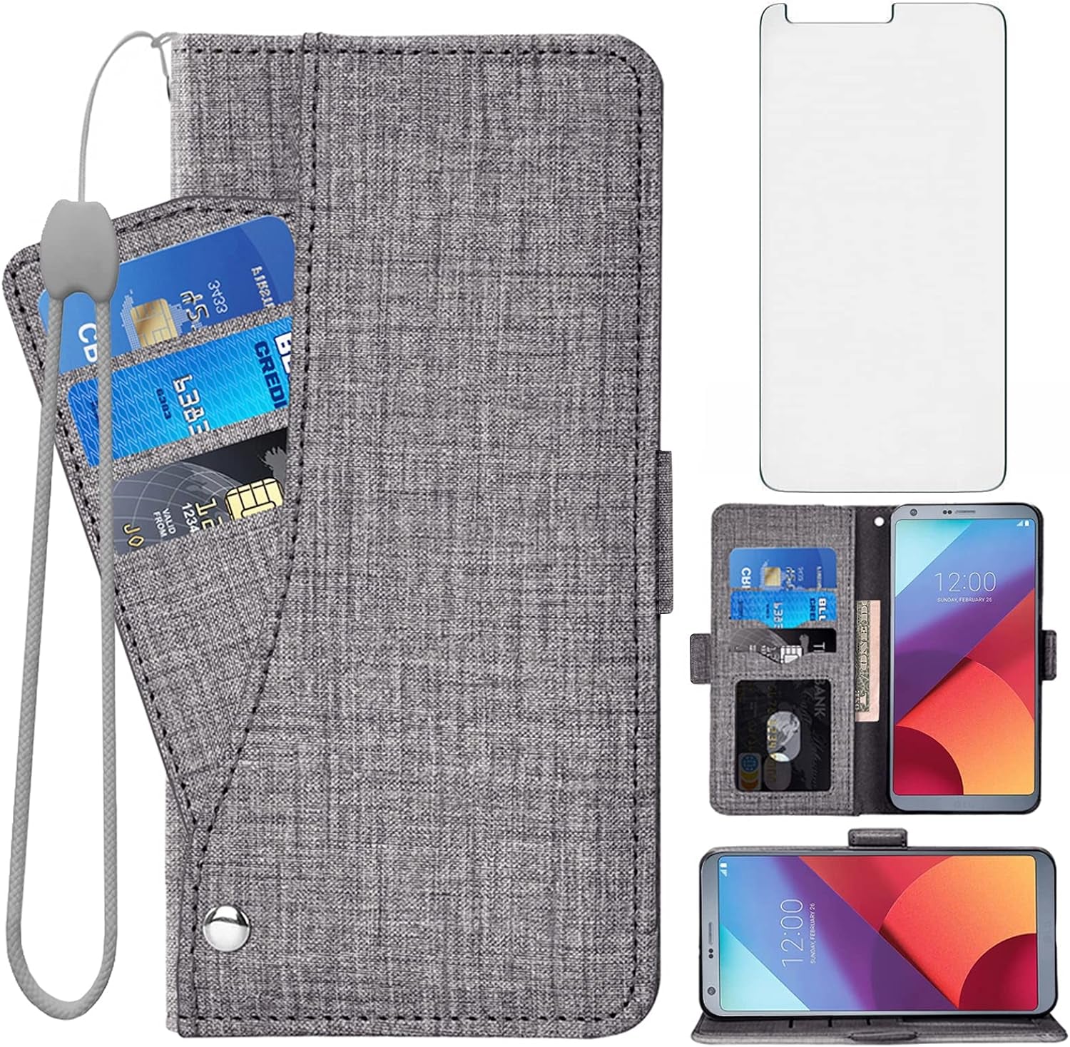 Asuwish Compatible with LG G6 Wallet Case Tempered Glass Screen Protector and Leather Flip Cover Card Holder Stand Cell Phone Cases for LGG6 Thinq LG6 Thin Q G 6 plus G6+ 6G VS988 H872 Women Men Gray  NSS   