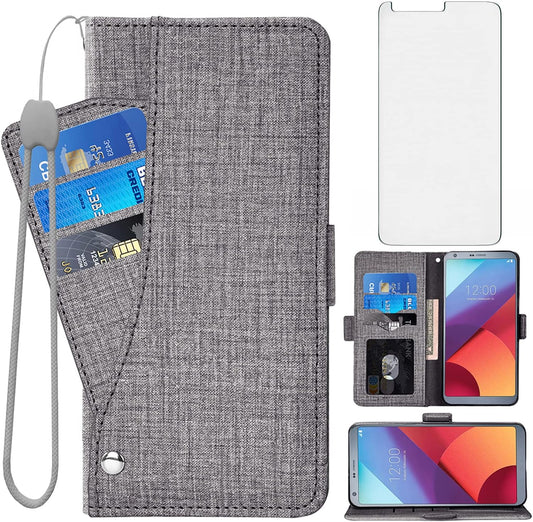 Asuwish Compatible with LG G6 Wallet Case Tempered Glass Screen Protector and Leather Flip Cover Card Holder Stand Cell Phone Cases for LGG6 Thinq LG6 Thin Q G 6 plus G6+ 6G VS988 H872 Women Men Gray  NSS   