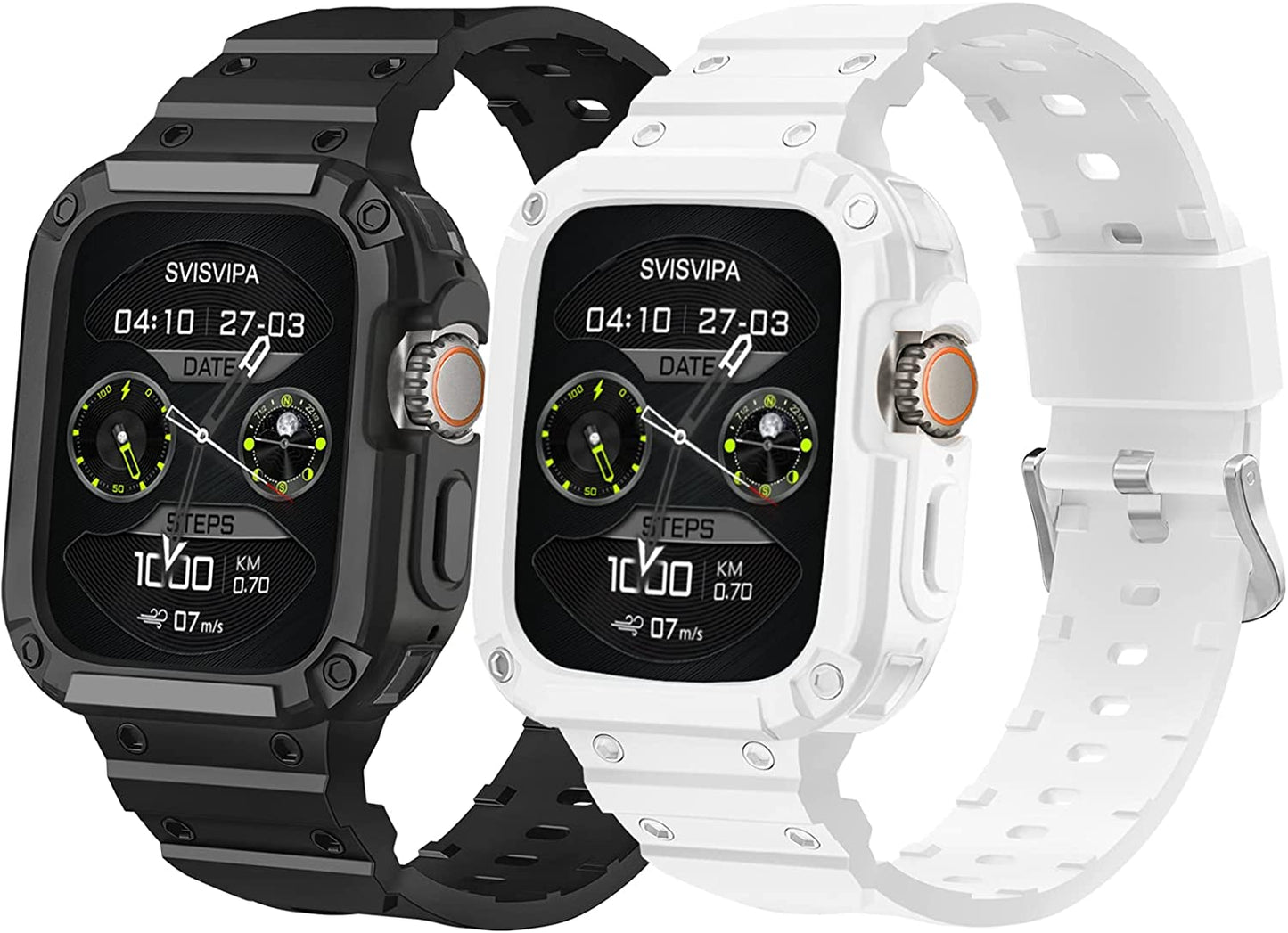 [2 Pack] SVISVIPA Band with Case Compatible for Apple Watch 45Mm 44Mm 42Mm Iwatch Series 8 7 SE 6 5 4 3 2 1 Strap, Men Women Sport Strap with Bumper Rugged Shockproof Military Protective, 2 Pack (Black，Army Green）  SVISVIPA Black/White Ultra 49mm 