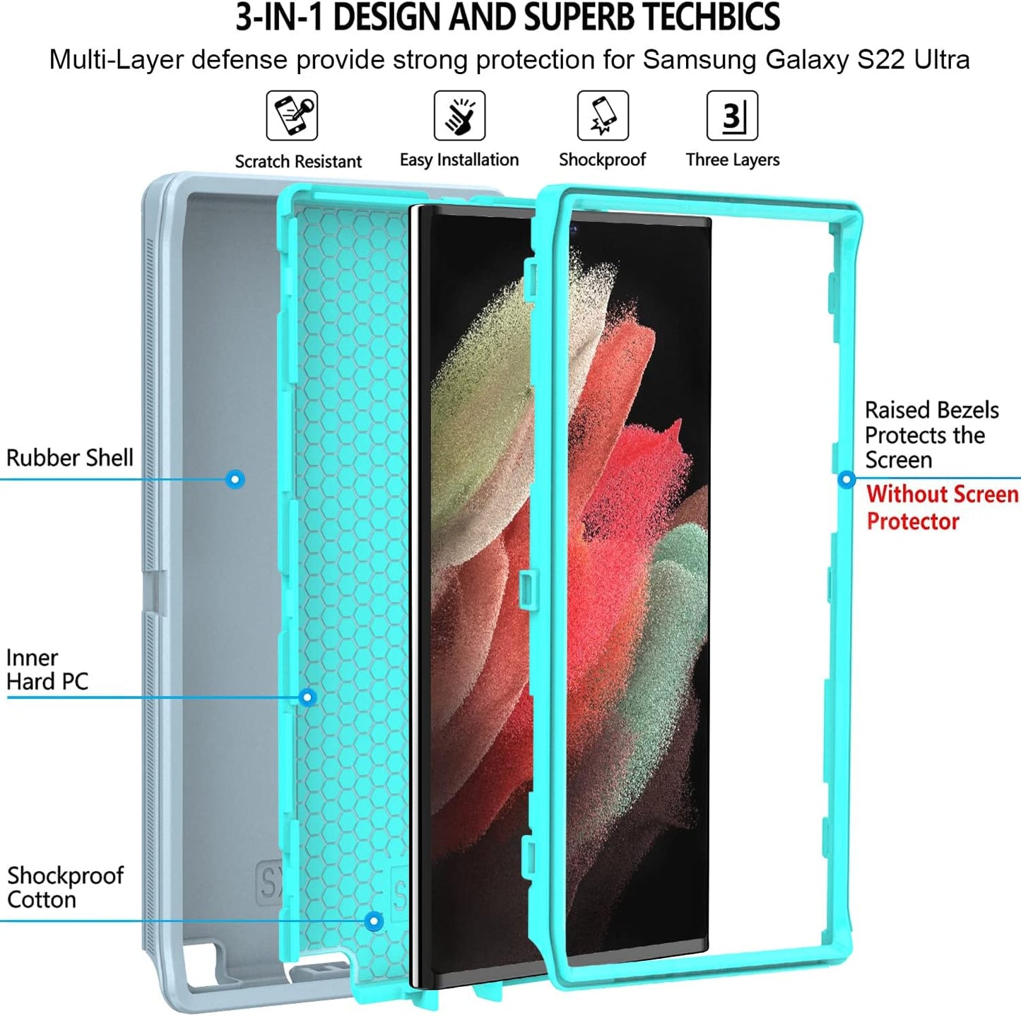 Qinmay Samsung S22 Ultra 5G Case - 3-Layer Heavy Duty Shock Protection, Dust Proof, 6.8 Inch, Grey Skyblue  Qinmay   