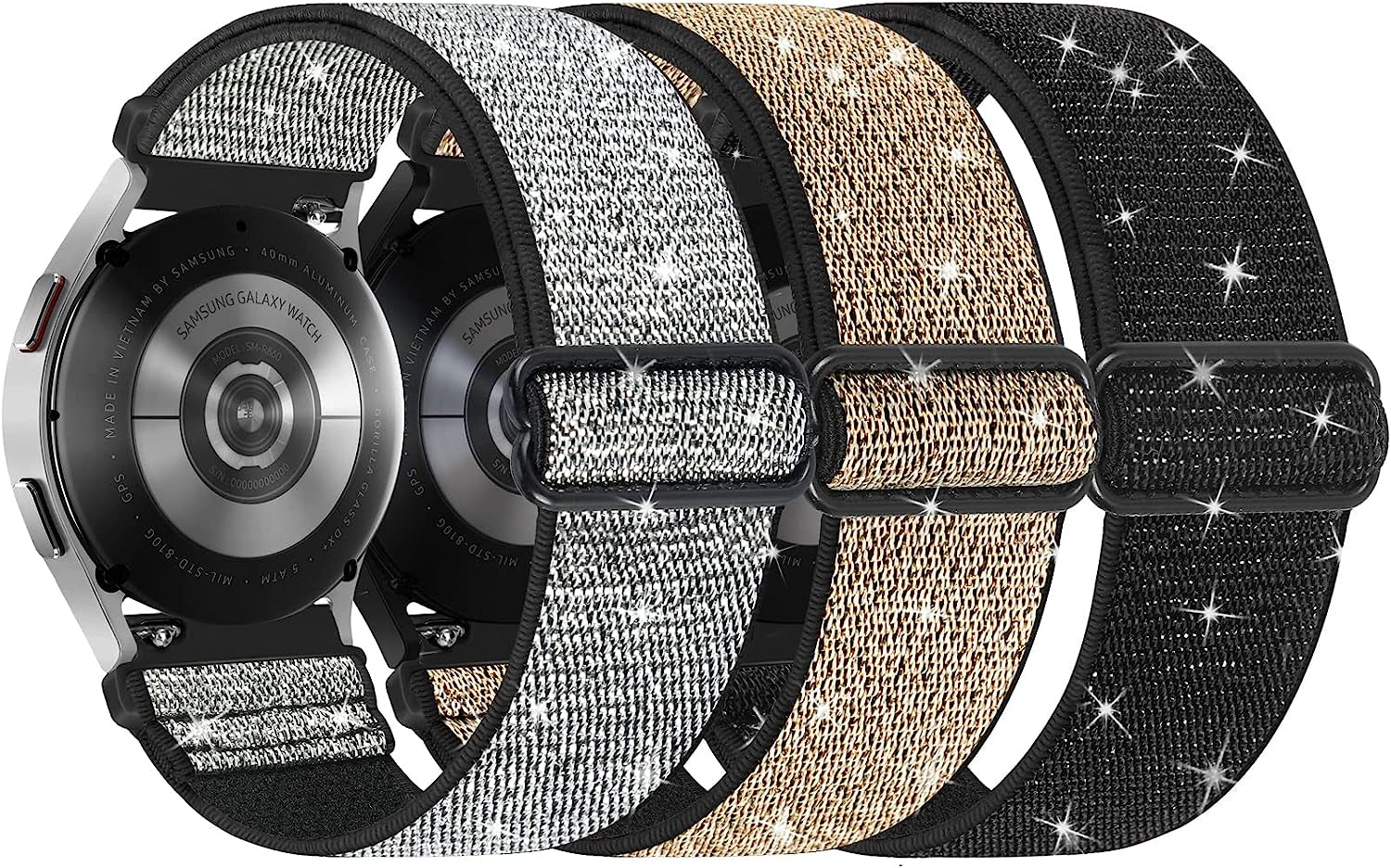 3 Pack Stretchy Watch Bands Compatible with Samsung Galaxy Watch 5 40Mm 44Mm/ Watch 5 Pro 45Mm/ Samsung Galaxy Watch 4 44Mm 40Mm/ Watch 4 Classic 46Mm 42Mm, 20Mm Elastic Nylon Band for Women(Ppb)  ZSMJ Black/Black Gold/Black Silver  