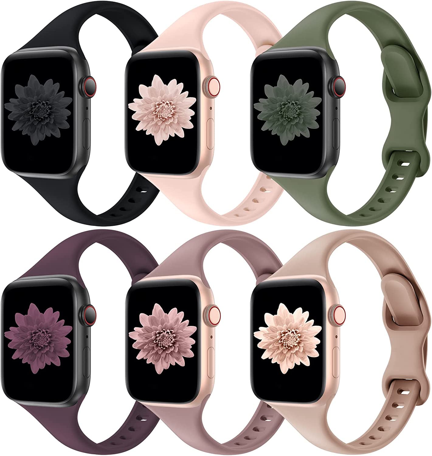 Distore 6 Pack Bands Compatible with Apple Watch 38Mm 40Mm 41Mm 42Mm 44Mm 45Mm 49Mm, Slim Thin Narrow Replacement Soft Silicone Sport Strap for Iwatch Series Ultra 8/7/6/5/4/3/2/1 SE Women Men  Distore Black/Pink Sand/Green/Dark Cherry/Smoke Violet/Milk Tea 38/40/41mm 