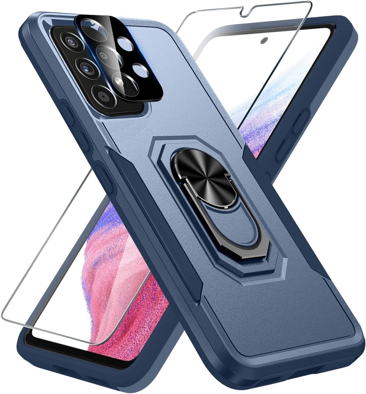 Samsung Galaxy A53 5G Case Built in Slide Camera Lens Cover and Screen Protector,Heavy Duty Shockproof Full Body Protective Phone Cover,Built in Finger Ring Stable Holder Kickstand,2022 Blue  Janmitta Navy Blue Samsung A53(6.5 Inch) 