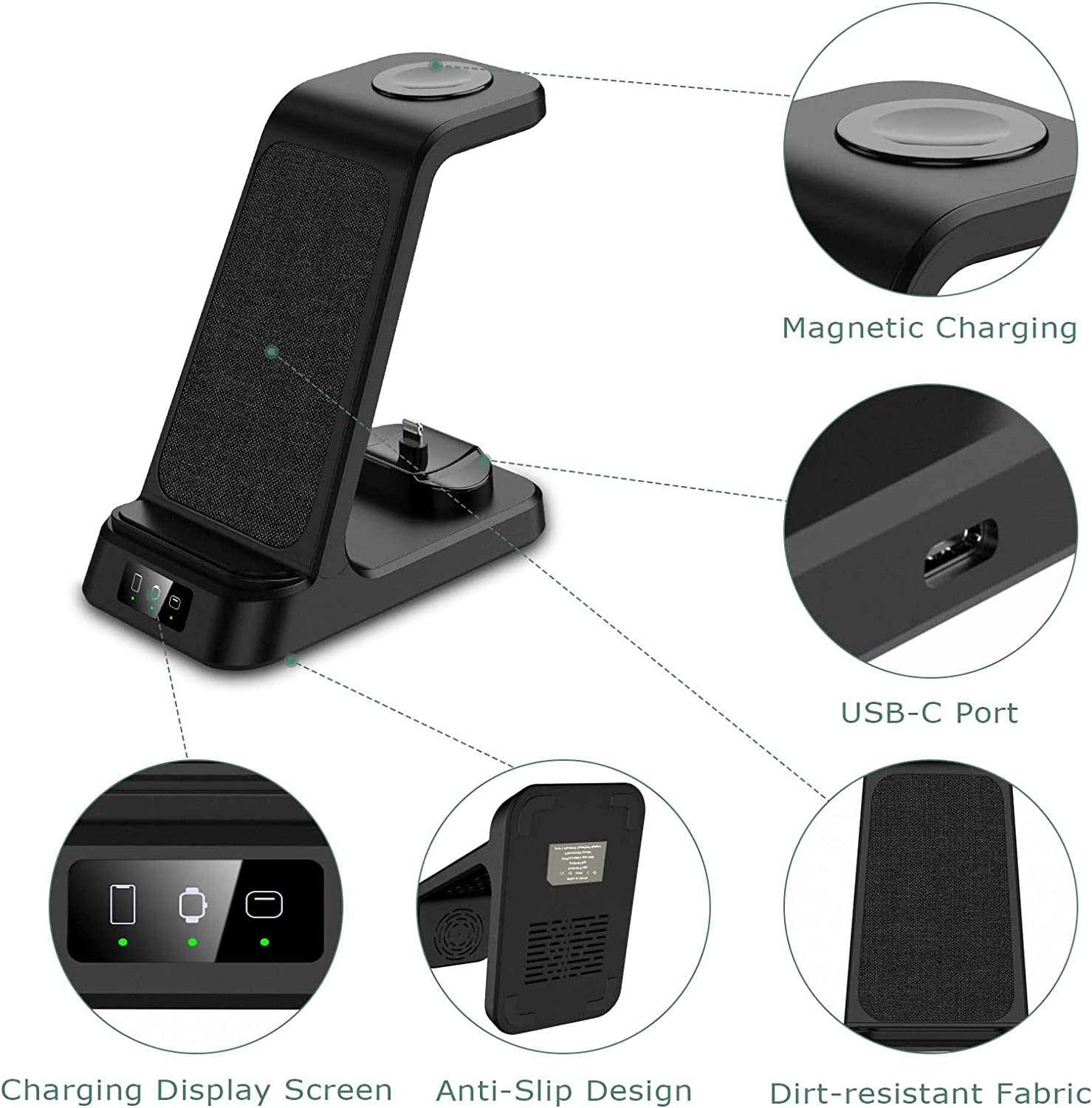 DDUAN Wireless Charging Station, 3 in 1 Fast Charger Stand, Wireless Charger for Iphone14/13/12/11/Pro/Max/X/Xs/Max/Xr/8 & Apple Watch 8/7/Se2/Airpods1 2/Pro1 2(QC3.0 Adapter)  DDUAN   