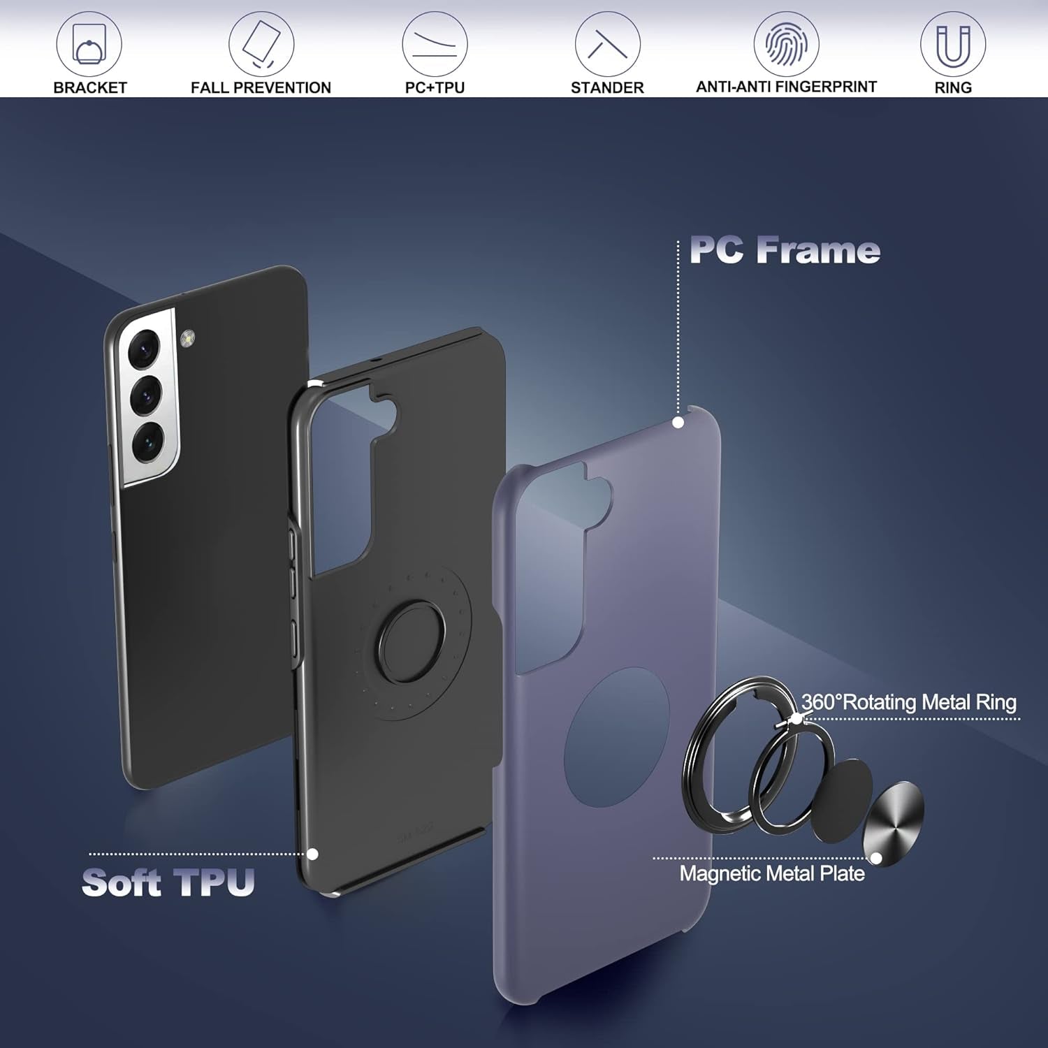 Compatible with Samsung Galaxy S22 plus Case, S22 plus Case with HD Screen Protector with Slide Camera Cover, 360°Rotation Ring Kickstand [Military Grade] Case for Galaxy S22+/S22 plus （Blue  Gritup   