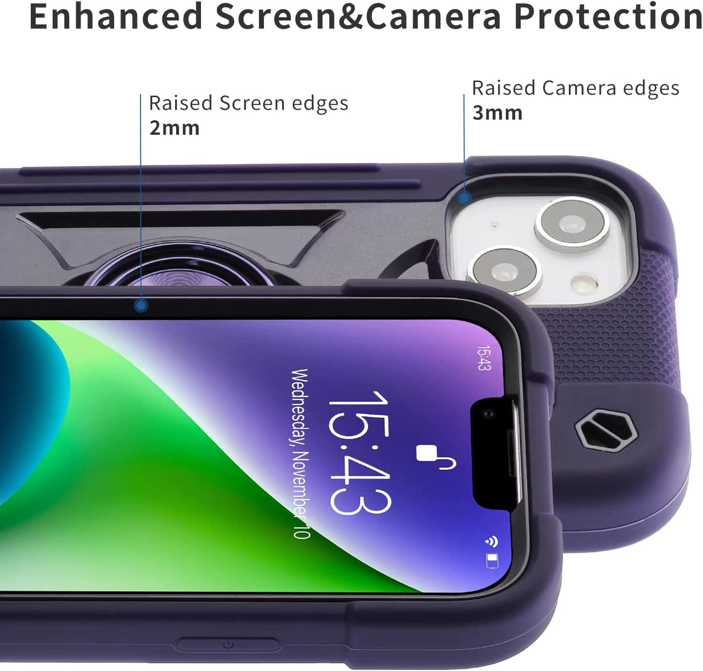 Cookiver for Iphone 14 Case/Iphone 13 Case Inch with Ring Stand, with 2 Pack Glass Screen Protector + 1 Pack Camera Lens Protector,Heavy-Duty Shockproof Military Grade Rugged Cover (Deep Purple)  Cookiver   