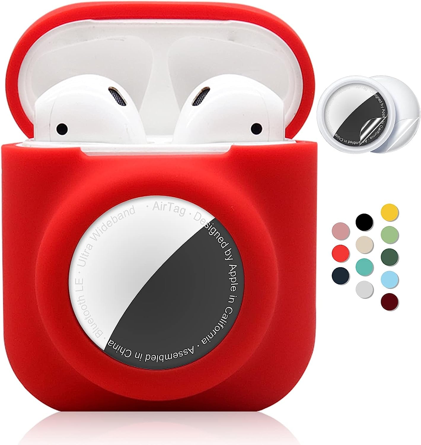 2 in 1 Silicone Protective Skin Cover Compatible with Airpod 1&2 and Airtag, Soft Comprehensive Protective Case with 2 PCS TPU Screen Protector, Anti-Scratch Anti-Fall Anti-Lost(Black)  Enspito Red  