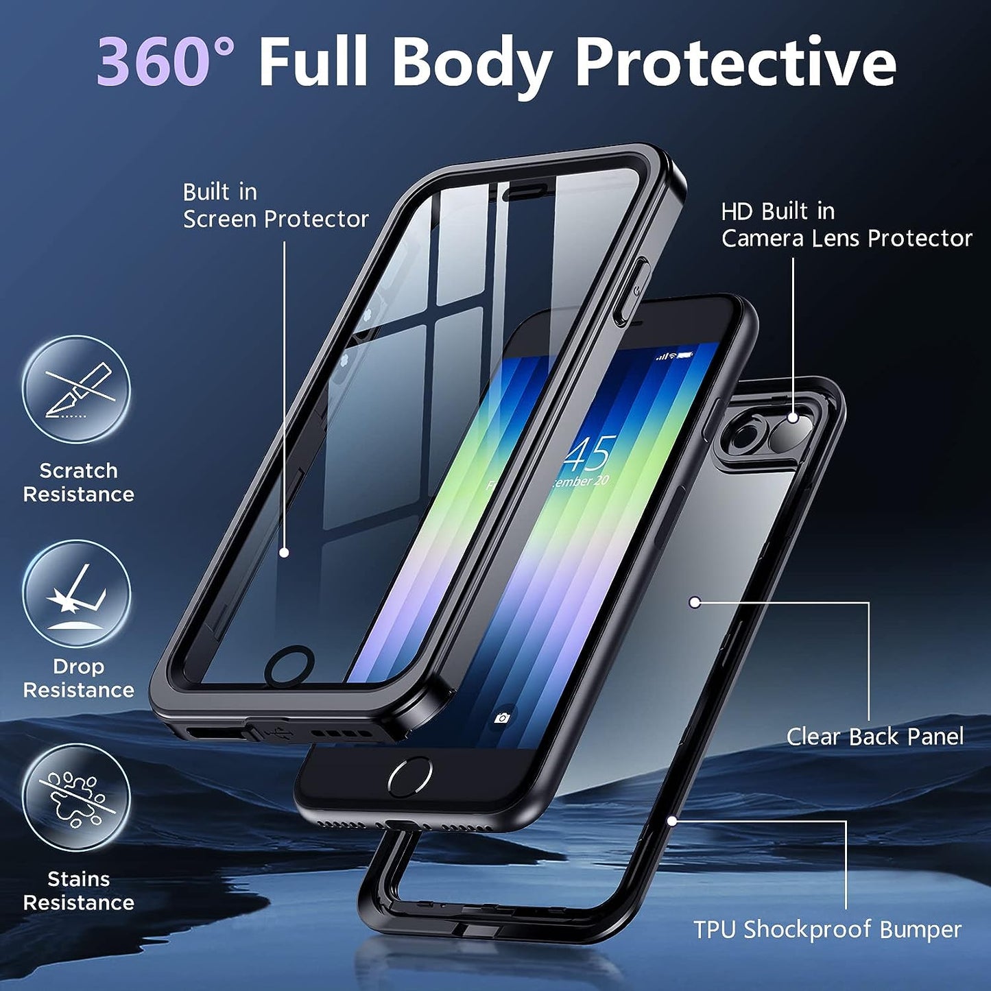 Justcool for Iphone SE Case 2020/2022/,Iphone 8/7 Case Waterproof,Built-In Screen & Lens Protector [IP68 Underwater] [12FT Military Dropproof] Dustproof [360 Full Body Shockproof] Phone Case,Black  JUSTCOOL   