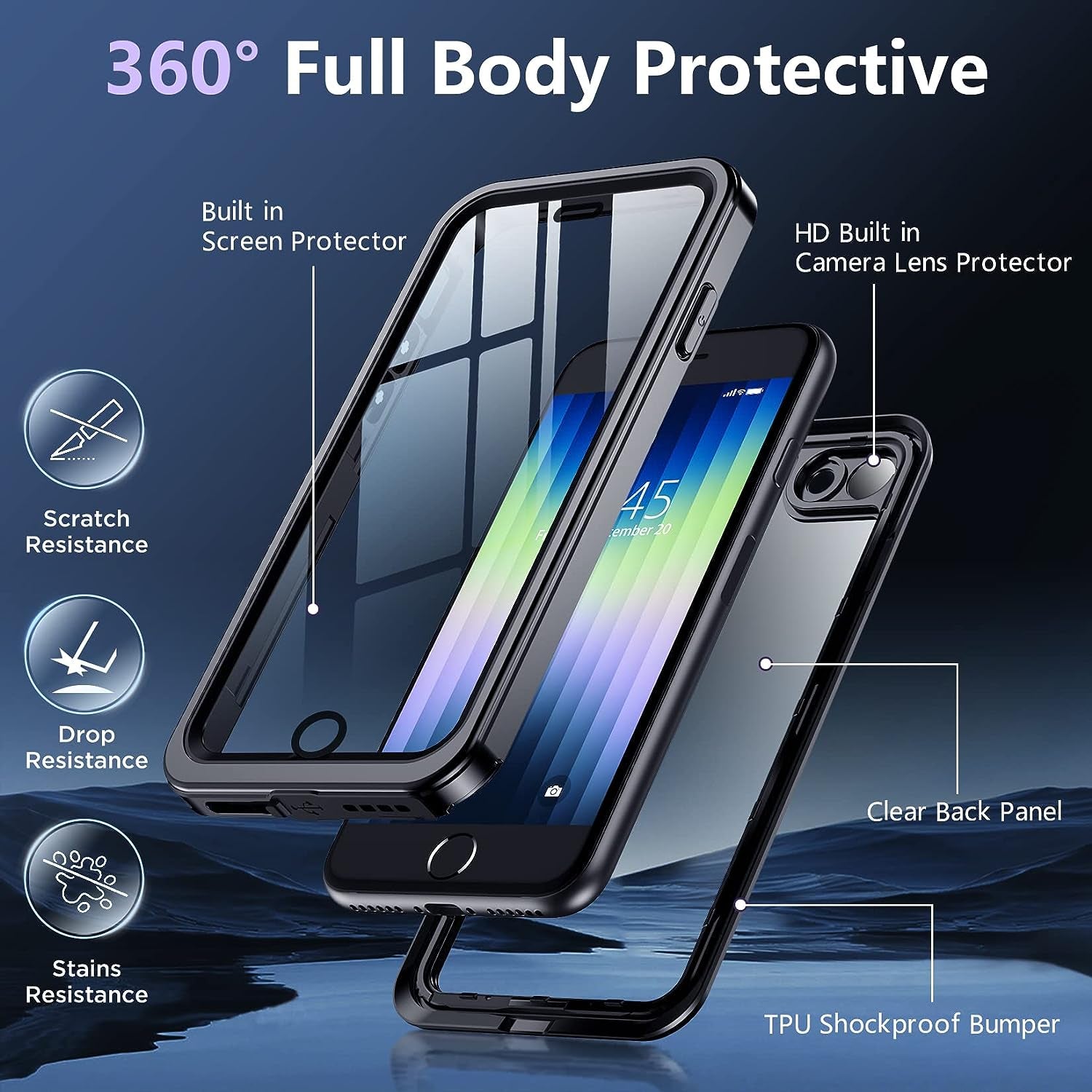 Justcool for Iphone SE Case 2020/2022/,Iphone 8/7 Case Waterproof,Built-In Screen & Lens Protector [IP68 Underwater] [12FT Military Dropproof] Dustproof [360 Full Body Shockproof] Phone Case,Black  JUSTCOOL   
