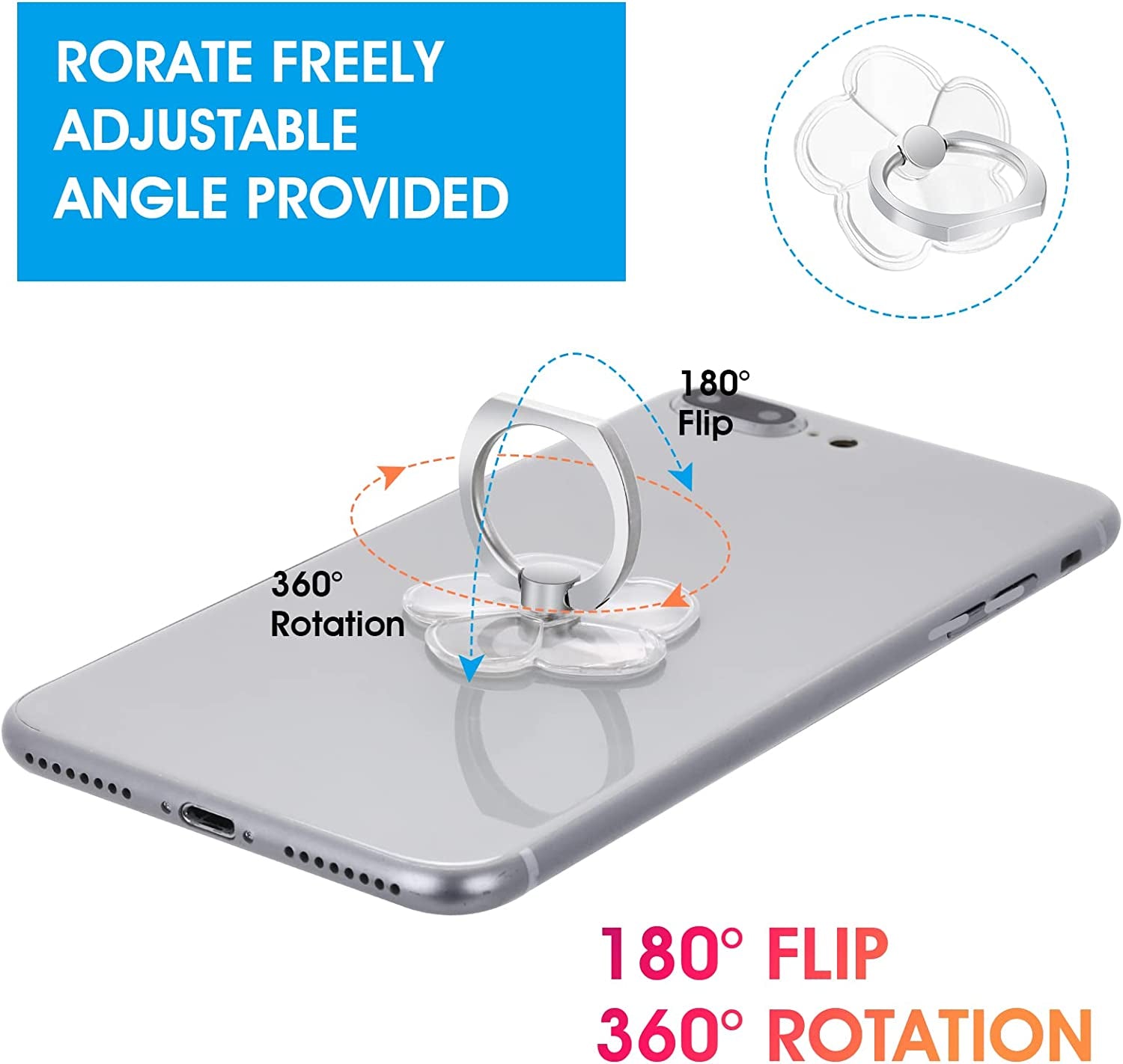 Cobee Cell Phone Ring Stands, 2 Pcs 180/360 Degree Rotation Finger Kickstand Transparent Phone Ring Holders with Diamond Glitter Finger Mount with Grip for Most Smartphones(Flower-Style)  cobee   