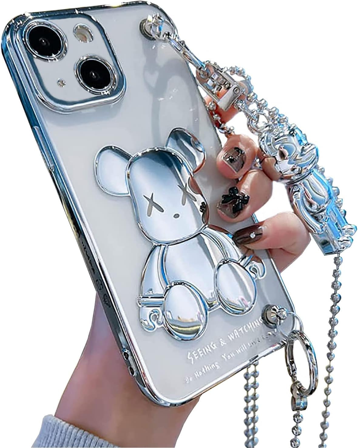 Aartvark Tees Cute Case for Iphone 13, Cartoon Silver Teddy Bear Sparkle Bling Cover with Metal Chain Strap Bell Pendant, Fashion Soft TPU Shockproof, Phone Case Suitable for Women & Girls  aartvark tees   