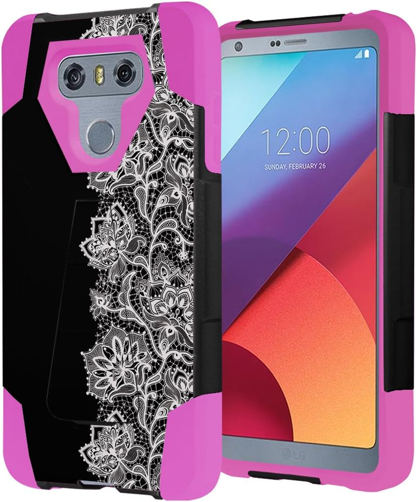 Capsule Case Compatible with LG G6 [Hybrid Fusion Dual Layer Shockproof Combat Kickstand Case Black Pink] for LGG6 LG G6 2017 - (Black Lace)  HRWireless   