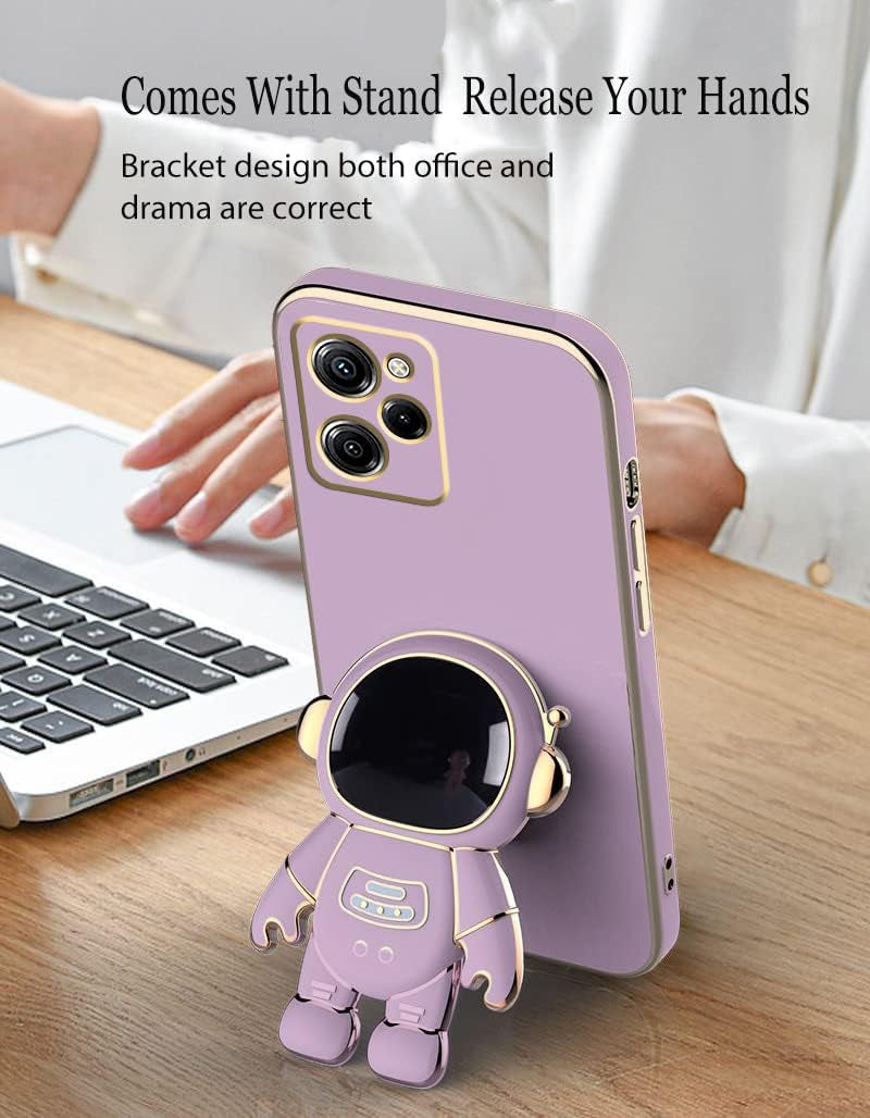 Compatible with Poco X5 Pro Case with Plating Creative Astronaut Cartoon Holder Pink, Xiaomi Poco X5 Pro Phone Case Silicone Shockproof Stand Soft TPU Protective Slim Cover (Purple)  Wousunly   