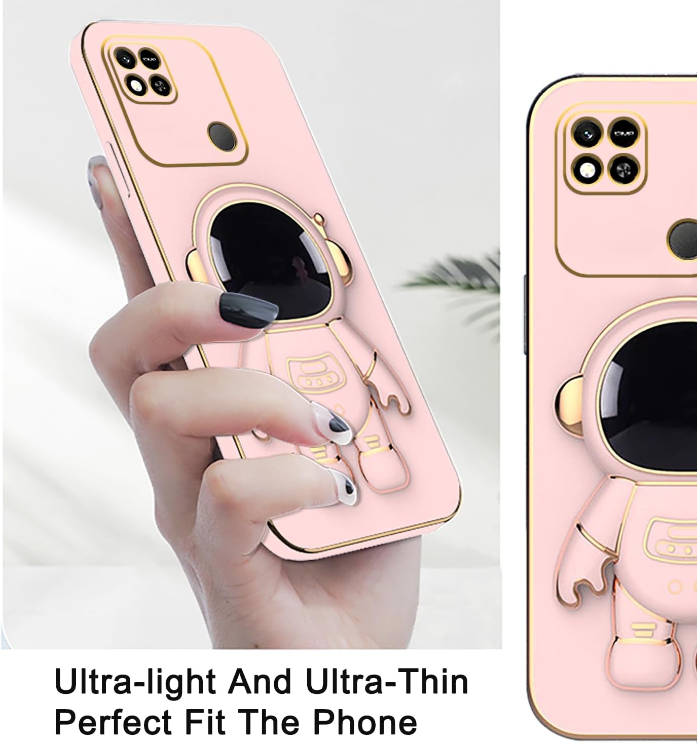 Compatible with Redmi 10A Case with Plating Creative Astronaut Cartoon Holder Pink, Xiaomi Redmi 10A Phone Case Silicone Shockproof Stand Soft TPU Protective Slim Cover (Pink) …  Wousunly   