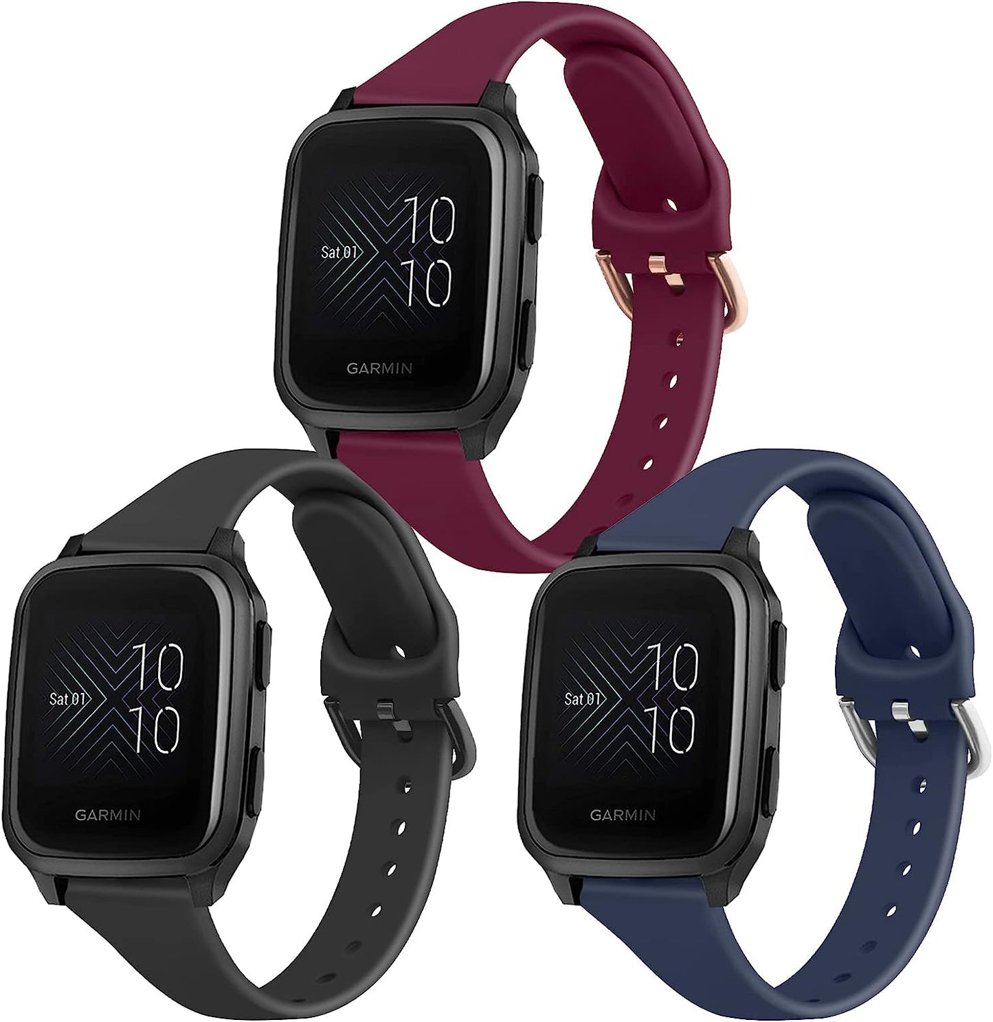 Wanme Slim Bands for Garmin Venu 2 plus / Venu Sq / Venu / Vivoactive 3 Watch Band Women Men, 3 Pack Soft Silicone Replacement Wristband Sport Strap for Garmin Vivomove Sport, Vivoactive 3 Music, Forerunner 645 / 245 Music Smart Watch  Wanme Black+NavyBlue+WineRed  