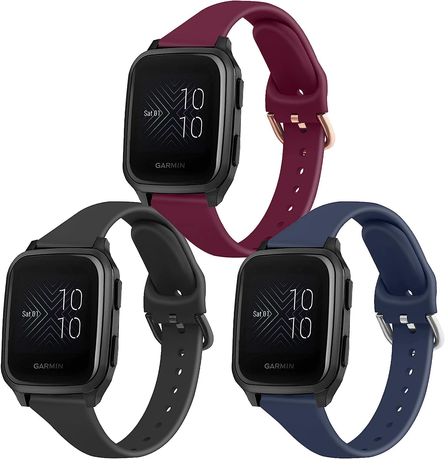 Wanme Slim Bands for Garmin Venu 2 plus / Venu Sq / Venu / Vivoactive 3 Watch Band Women Men, 3 Pack Soft Silicone Replacement Wristband Sport Strap for Garmin Vivomove Sport, Vivoactive 3 Music, Forerunner 645 / 245 Music Smart Watch  Wanme Black+NavyBlue+WineRed  