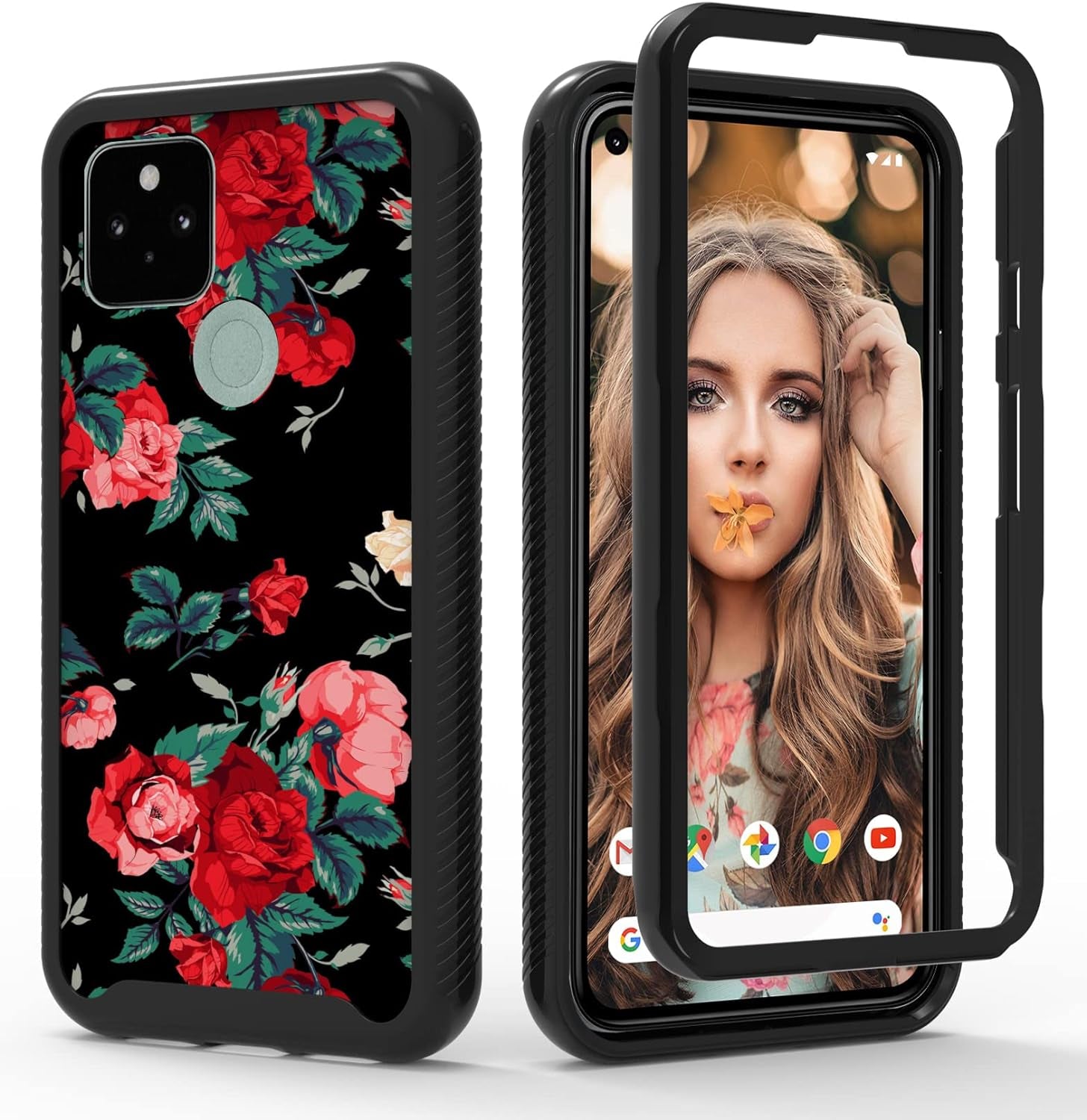 MGAH Pixel 5 Case with Roses Design,Google Pixel 5 Phone Case,Hybrid Triple Layer Armored Protective Cover Flexible Sturdy Anti-Scratch Shockproof Bumper Cute Case for Women and Girls-Flowers/Black  MGAH   