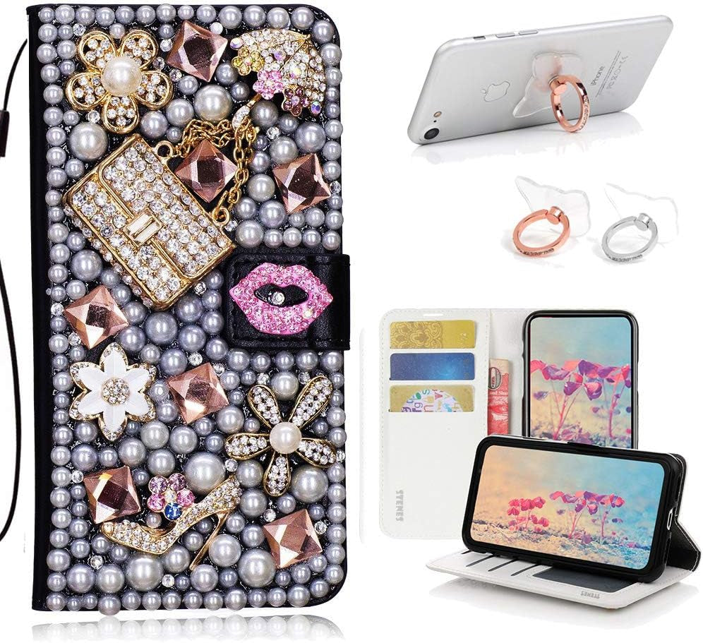 STENES Bling Wallet Case Compatible with LG V40 Thinq - Stylish - 3D Handmade Sexy Girls Bag High Heel Lips Leather Cover with Ring Stand Holder [2 Pack] - Pink  STENES   