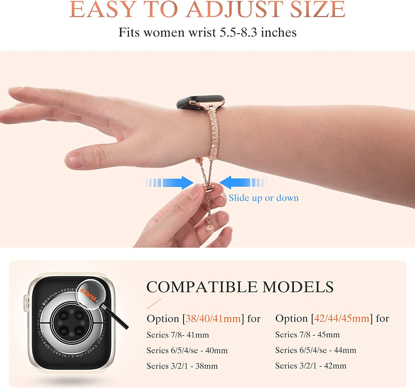 LETOID Bling Band Compatible with Apple Watch – 38Mm 40Mm 41Mm 42Mm 44Mm 45Mm 49Mm Women Fancy Slim Metal Bracelet Strap with Rhinestone for Iwatch Series 8 7 SE 6 5 4 3 2 1  LETOID   