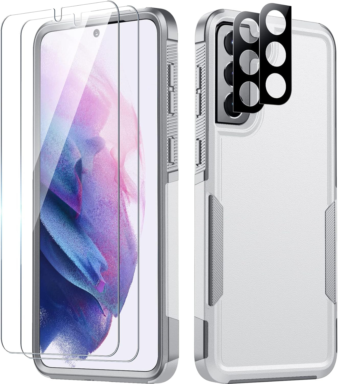 SPIDERCASE for Samsung Galaxy S21 Case,[10 FT Military Grade Drop Protection] [2 Tempered Glass Screen Protector+2 Tempered Camera Lens Protector] Heavy Duty Shockproof Cover for Galaxy S21,Black  SPIDERCASE White  